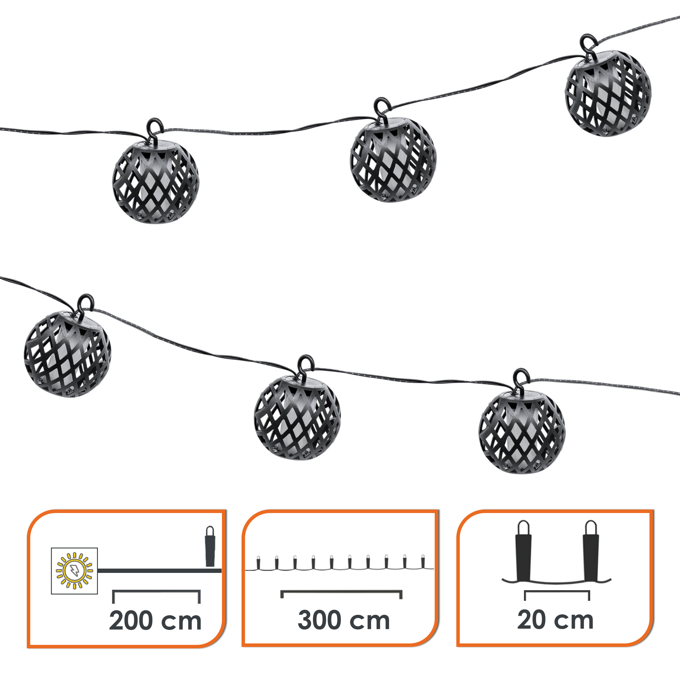 Solar Lichterkette 6 runde Lampions schwarz mit Flammen Effekt - 300 cm - LED Garten Dekobeleuchtung mit Flackereffekt