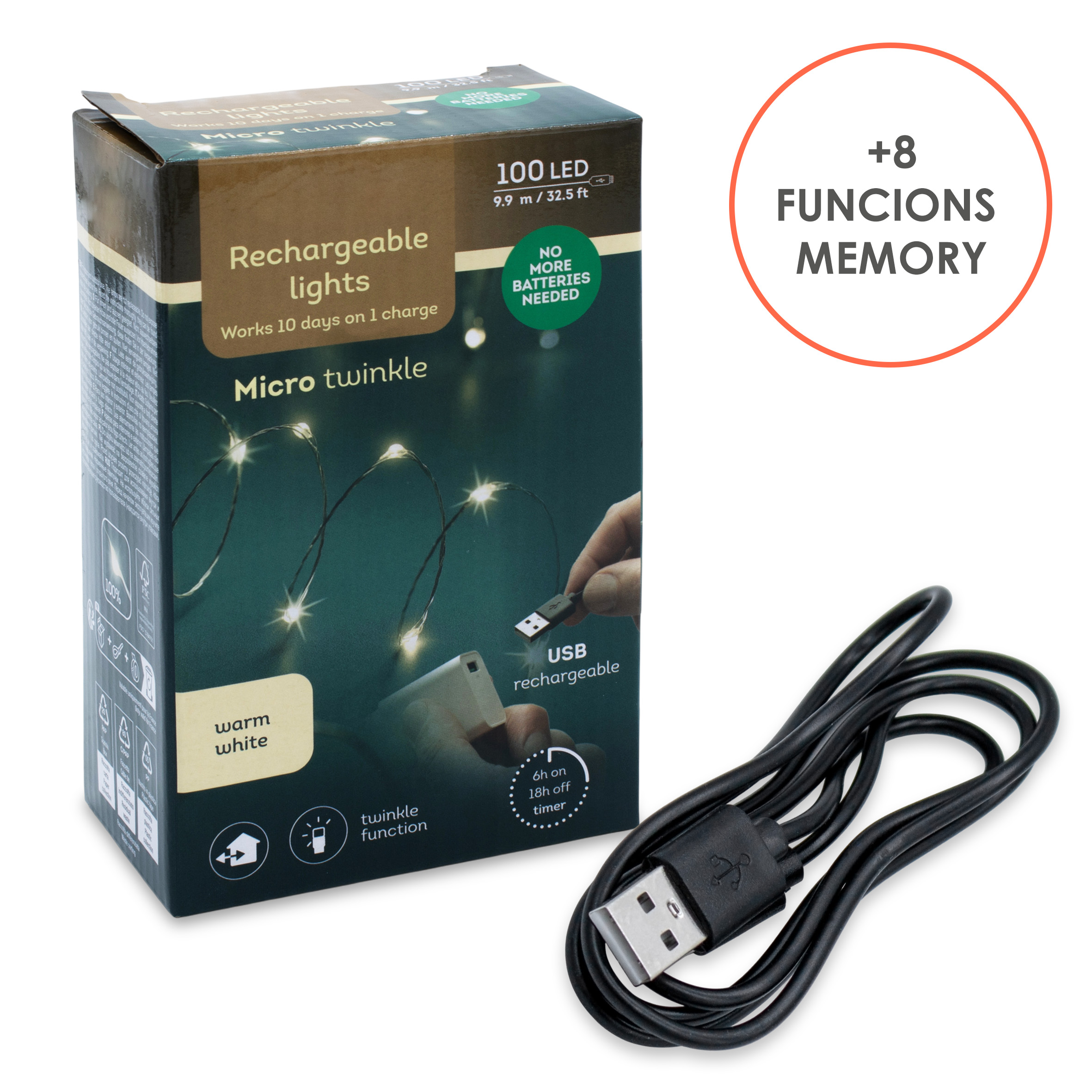 Außen Draht Lichterkette wiederaufladbar 10 m mit Timer - 100 LED - Garten Dekobeleuchtung warm weiß mit 8 Funktionen