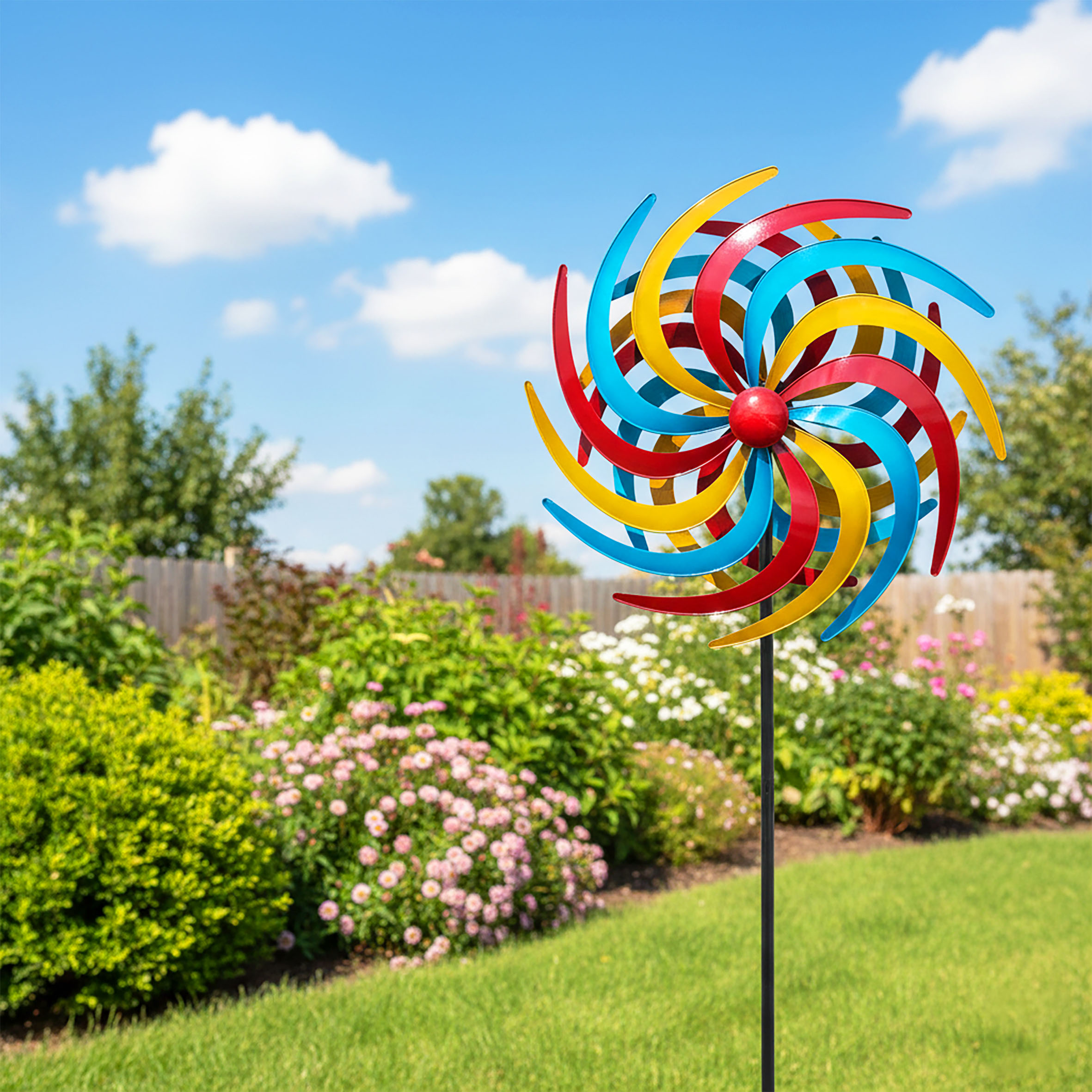 Metall Windrad bunt - 210 x 61 cm - Deko Windspiel Windmühle Gartenstecker groß