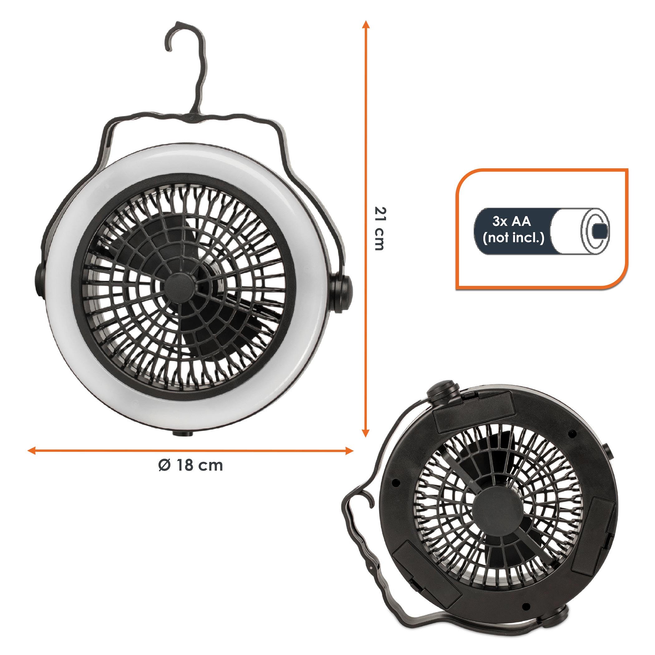 2in1 Campinglampe mit Ventilator batteriebetrieben - 18 cm - Mini Zeltventilator mit LED Beleuchtung