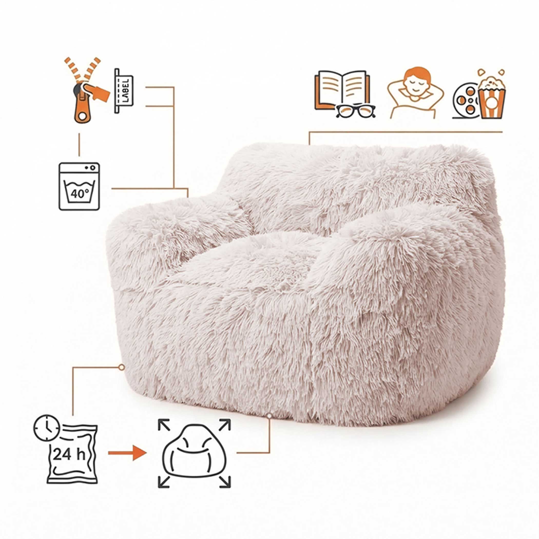 Lounge Sessel cremeweiß mit Armlehnen - 104 x 96 cm - XL Sitzsack beige mit Schaumstoff Füllung