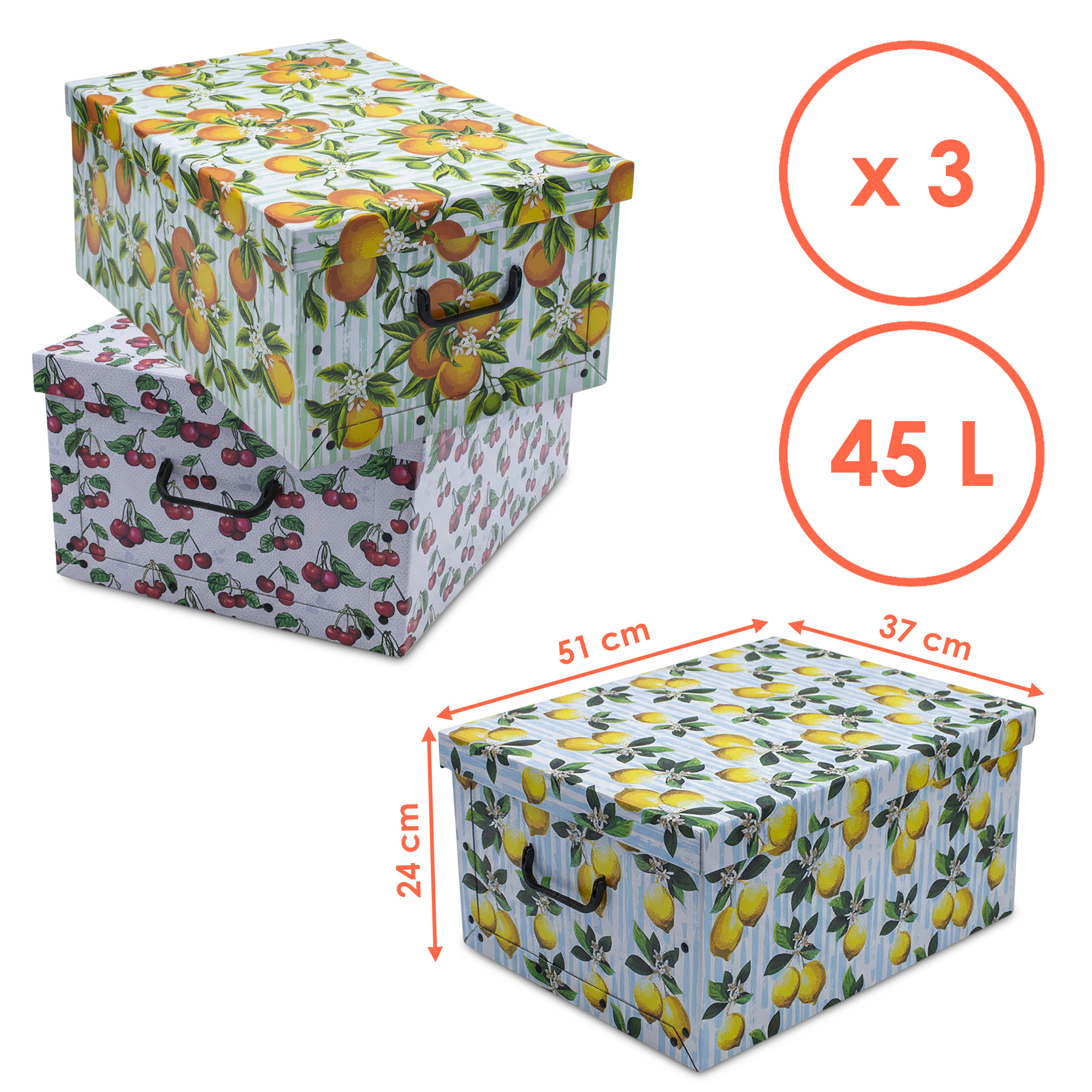 3er Set Aufbewahrungsbox mit Deckel 51 x 37 cm - Früchte - Stapelbox aus Pappe mit Griffen 45 Liter