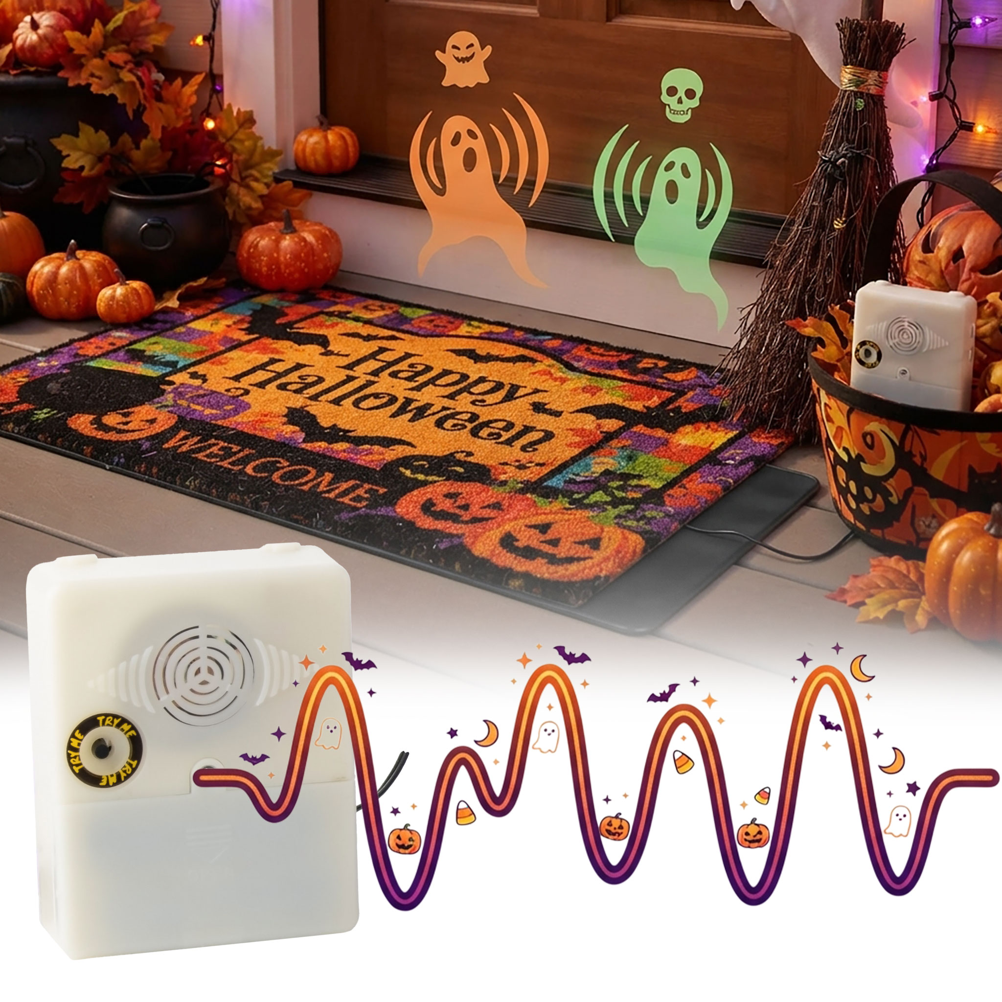 Halloween Trittsensor für Fußmatten mit 2 Grusel Begrüßungen - 35 x 25 cm - Sound Fußmatte mit Drucksensor batteriebetrieben