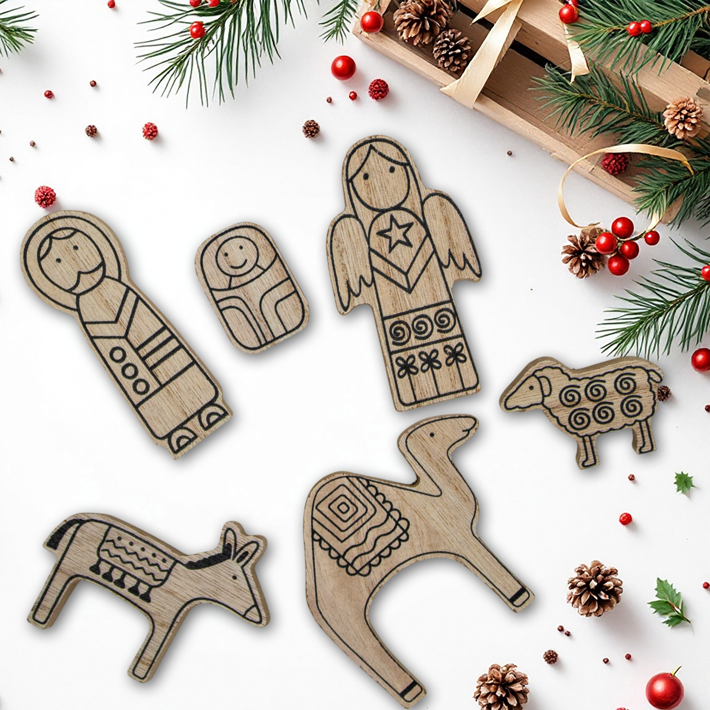 Weihnachts Krippenstall und Figuren aus Holz natur - 12 teilig - Weihnachtskrippe mit Stall und 11 Holzfiguren