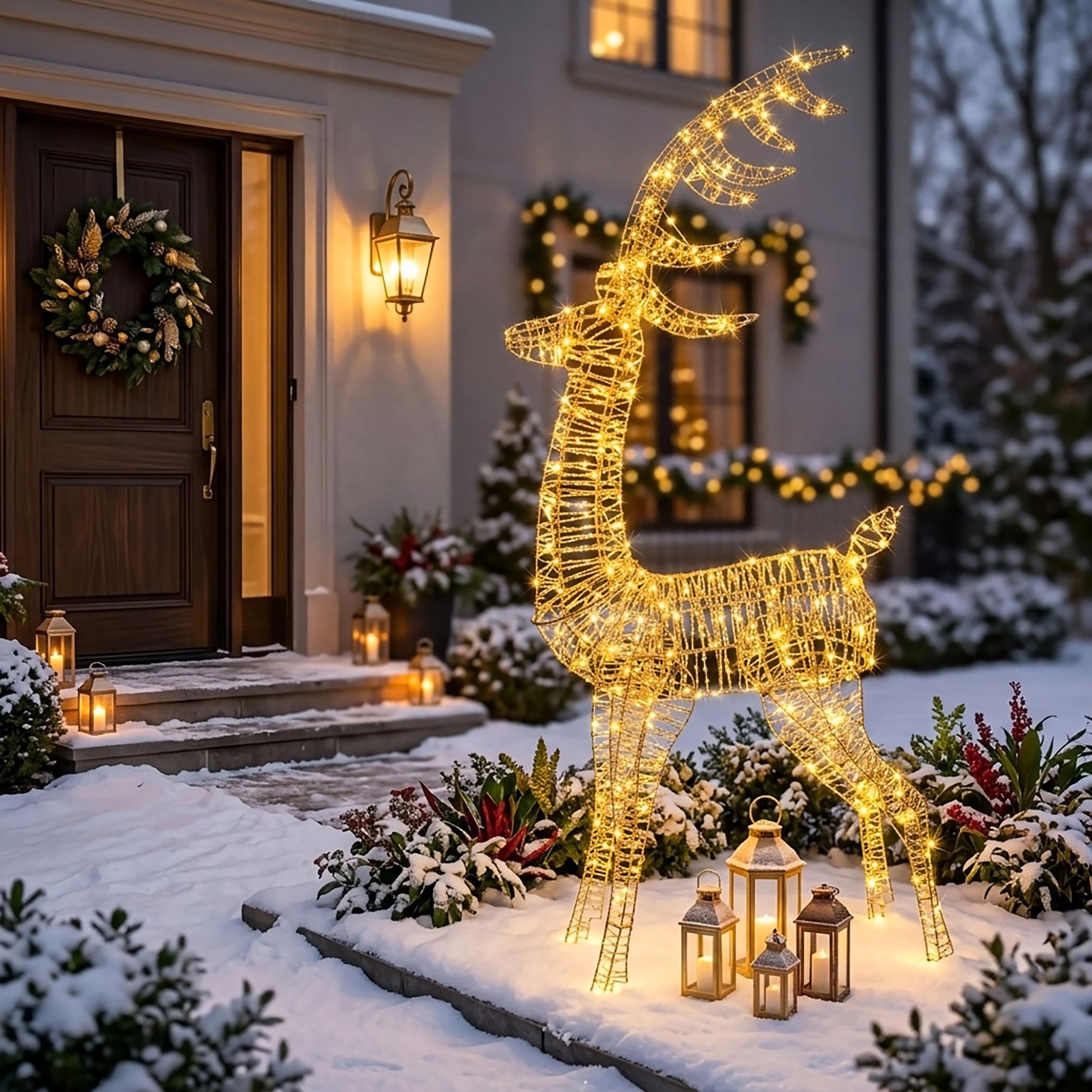 XL LED Rentier gold mit Twinkle Effekt für Außen - 180 cm - Weihnachts Dekofigur mit 300 funkelnden LEDs in warm weiß