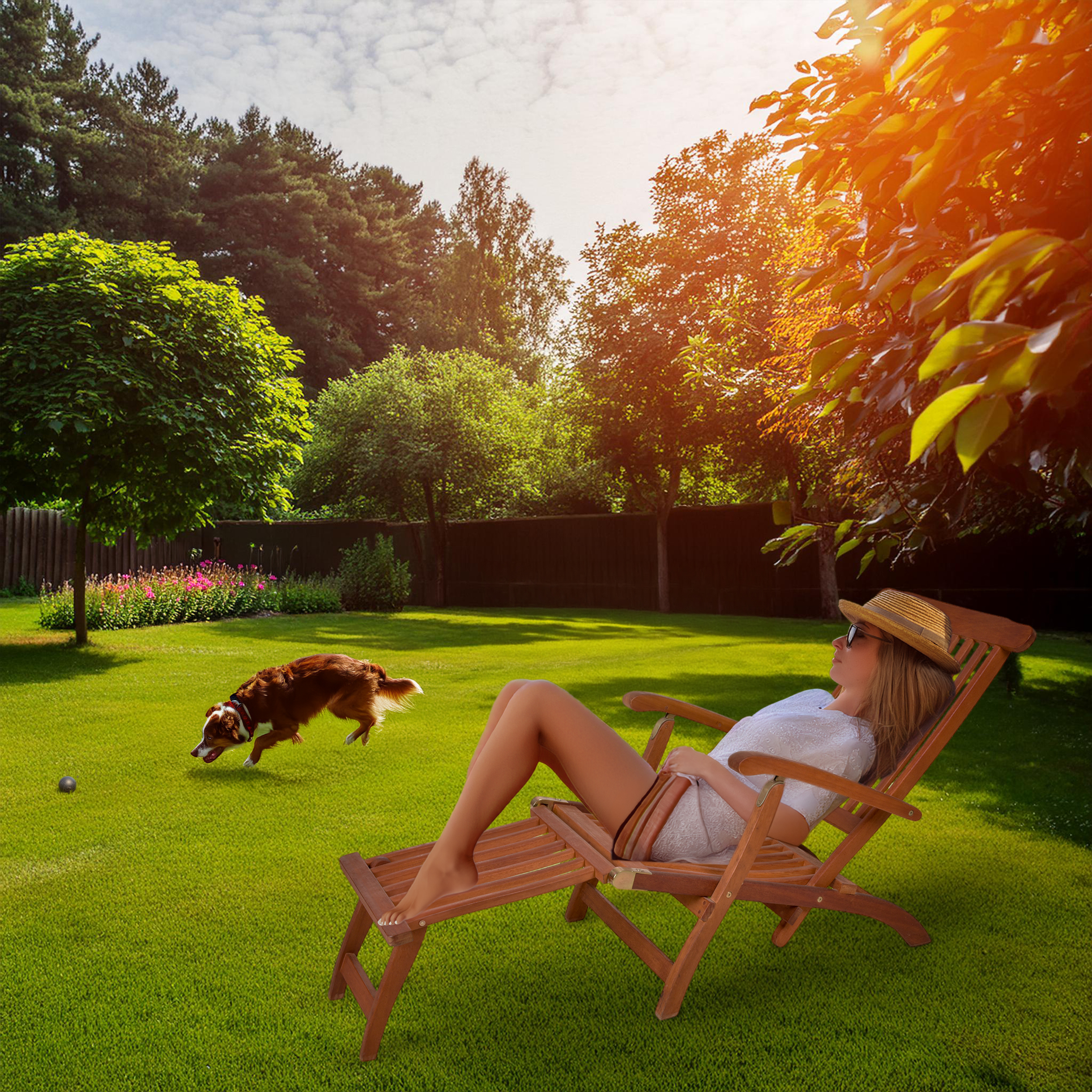 Eukalyptus Deckchair mehrfach verstellbar - 163 x 56 cm - Holz Gartenliege mit Fußteil klappbar