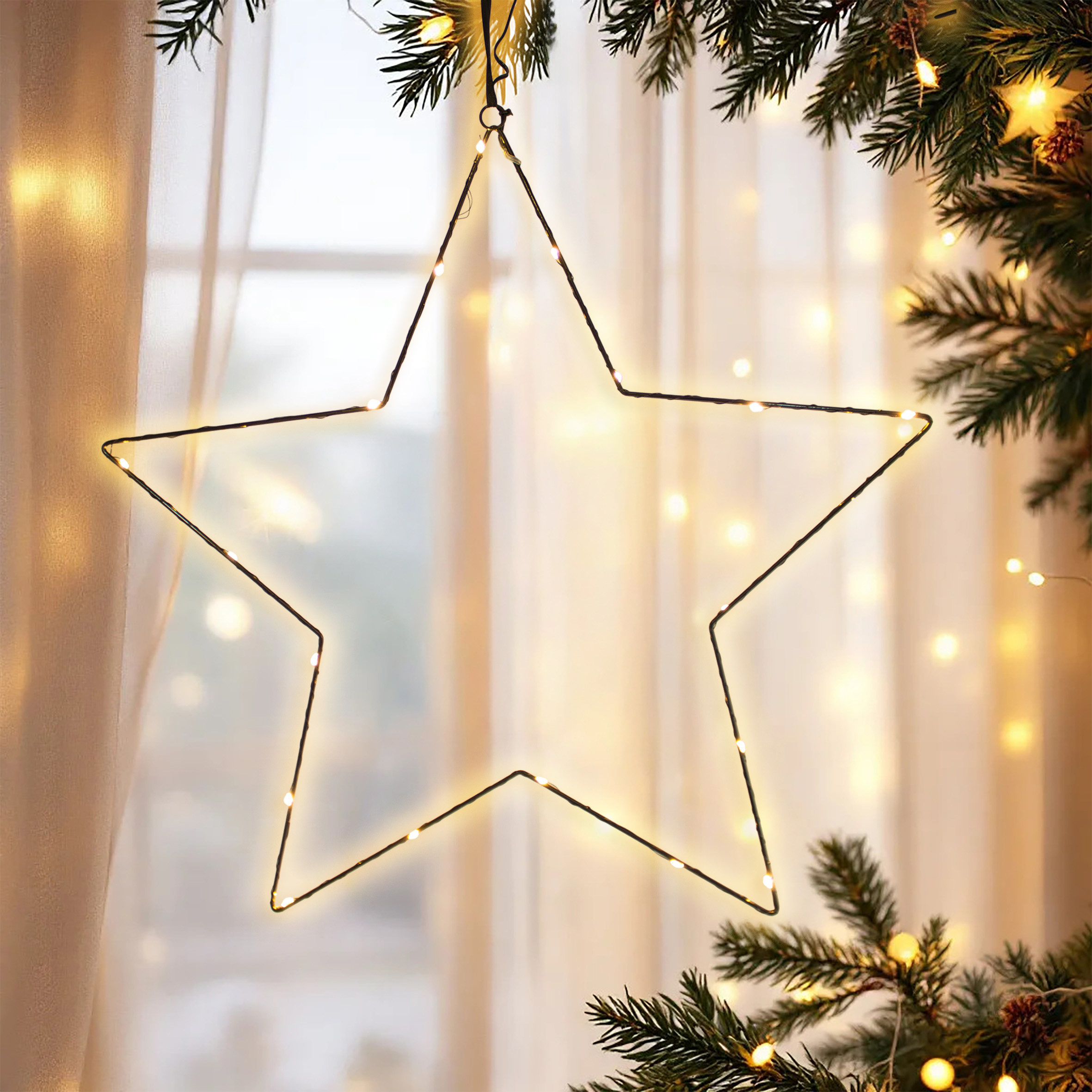 Metall Leuchtstern zum Hängen schwarz mit Timer - 20 LED - Stern Silhouette 50 cm warm weiß beleuchtet batteriebetrieben