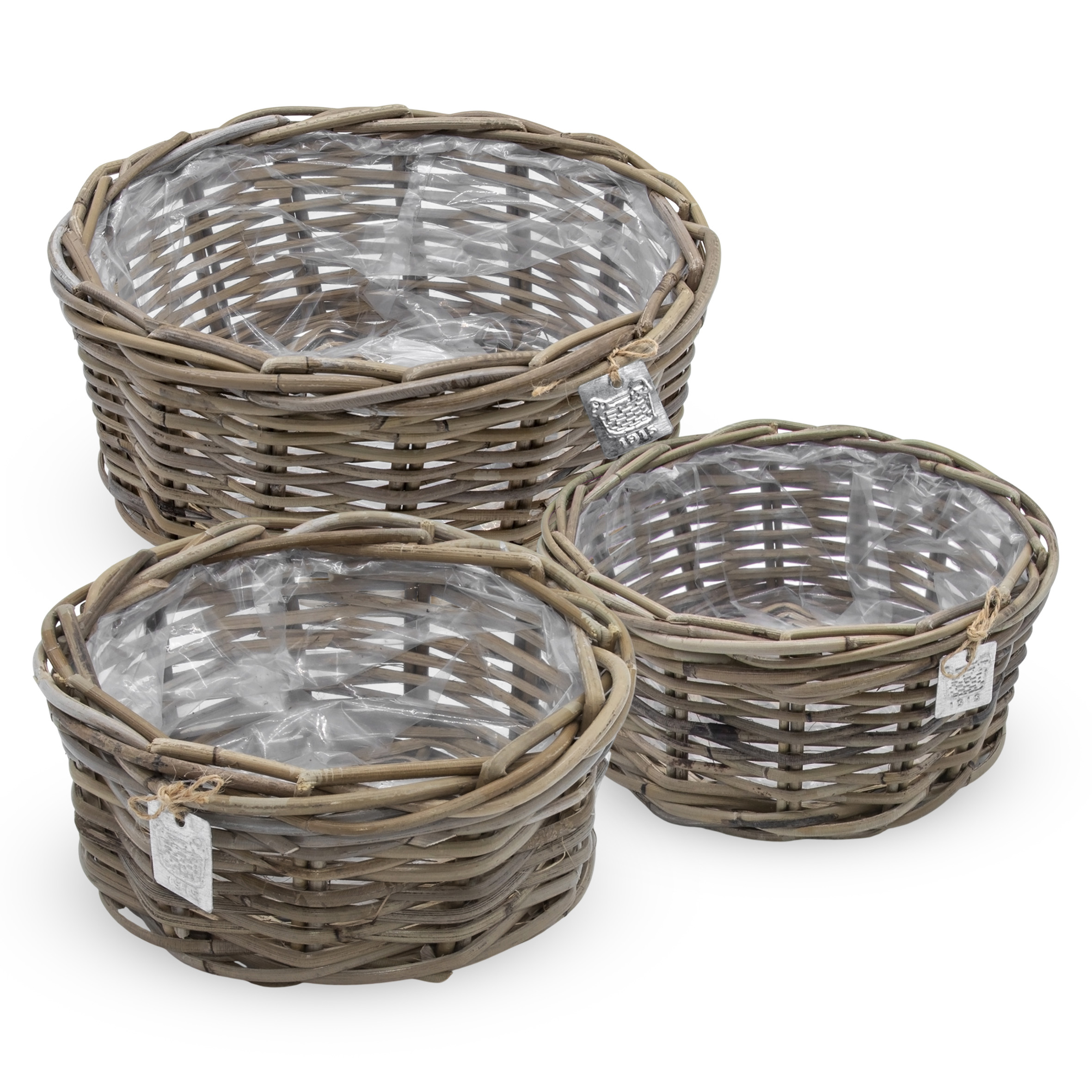 Pflanzschale aus Rattan im 3er Set - 30 / 26 / 21 cm - Blumentopf mit Folie ausgekleidet