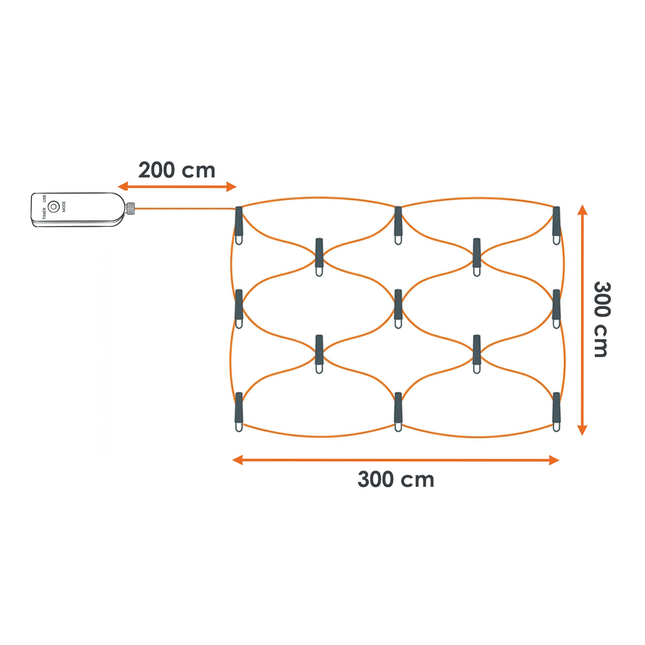Powerbank Lichternetz 3 x 3 m mit Timer für Außen & Innen - 200 LEDs - Akku Lichtervorhang warm weiß bis 60 Stunden Leuchtdauer mit 8 Funktionen