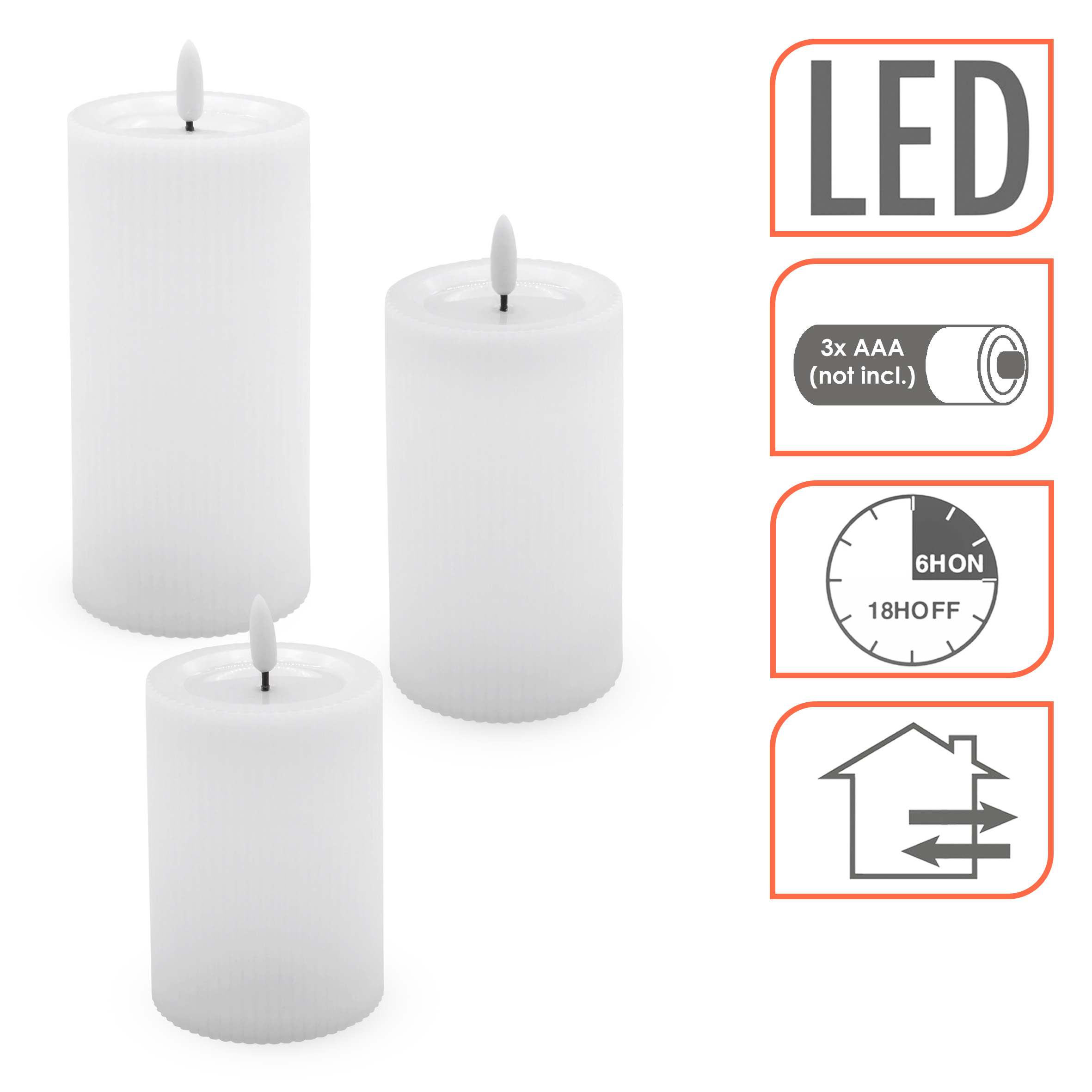 Outdoor LED Kerze mit Timer und Flammen Effekt 3er Set - 15 / 12,5 / 10 cm