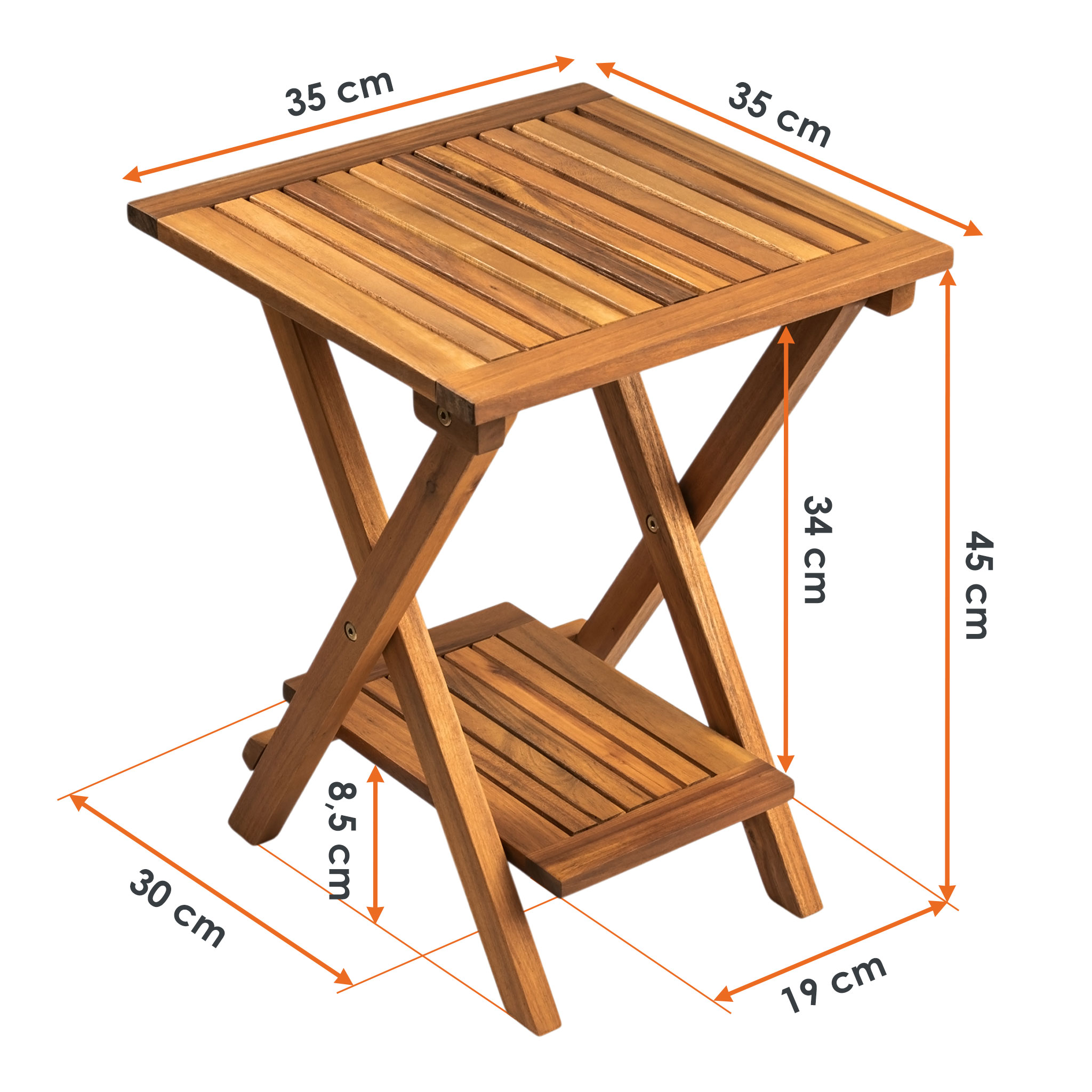 Akazie Beistelltisch geölt für Außen - 35 x 35 cm - Holz Gartentisch klappbar mit 2 Ablagen