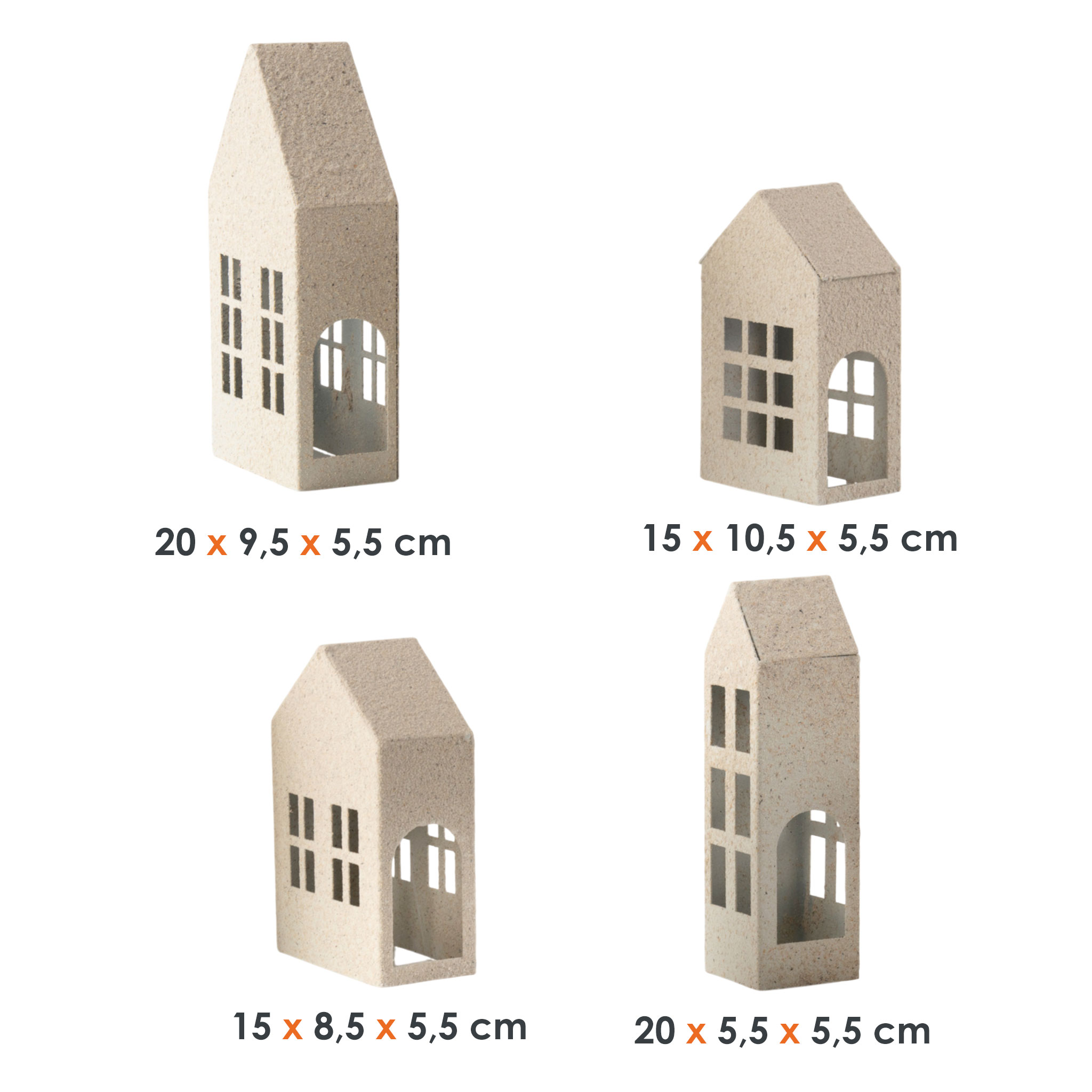 Metall Haus creme in Sandstein Optik 4er Set - 2x 15 cm | 2x 20 cm - Weihnachtsdorf Teelichthalter mit Sand Patina