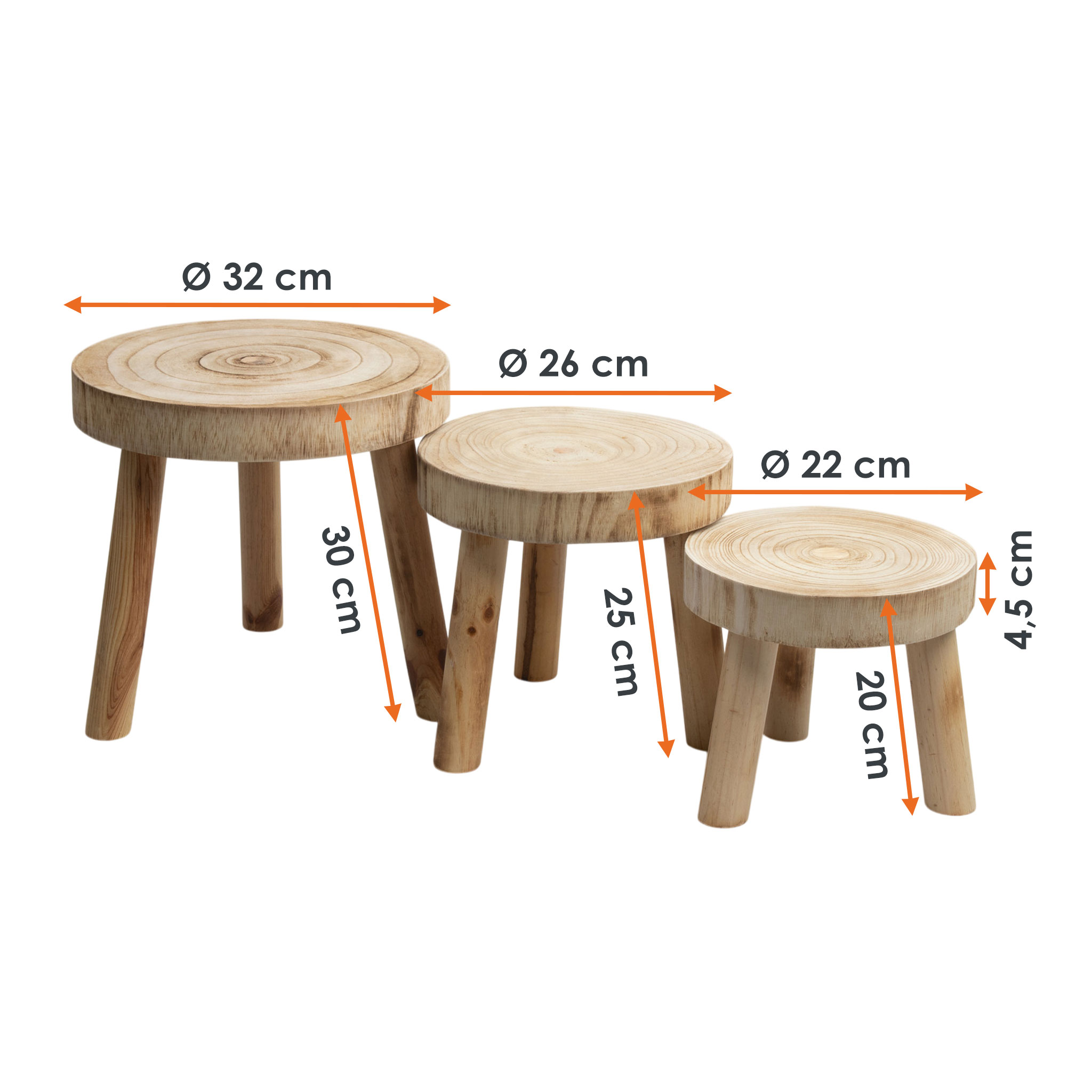 Holz Blumenhocker mit 3 Beinen braun 3er Set  - 32 / 26 / 22 cm - Massivholz Deko Pflanzenständer rund