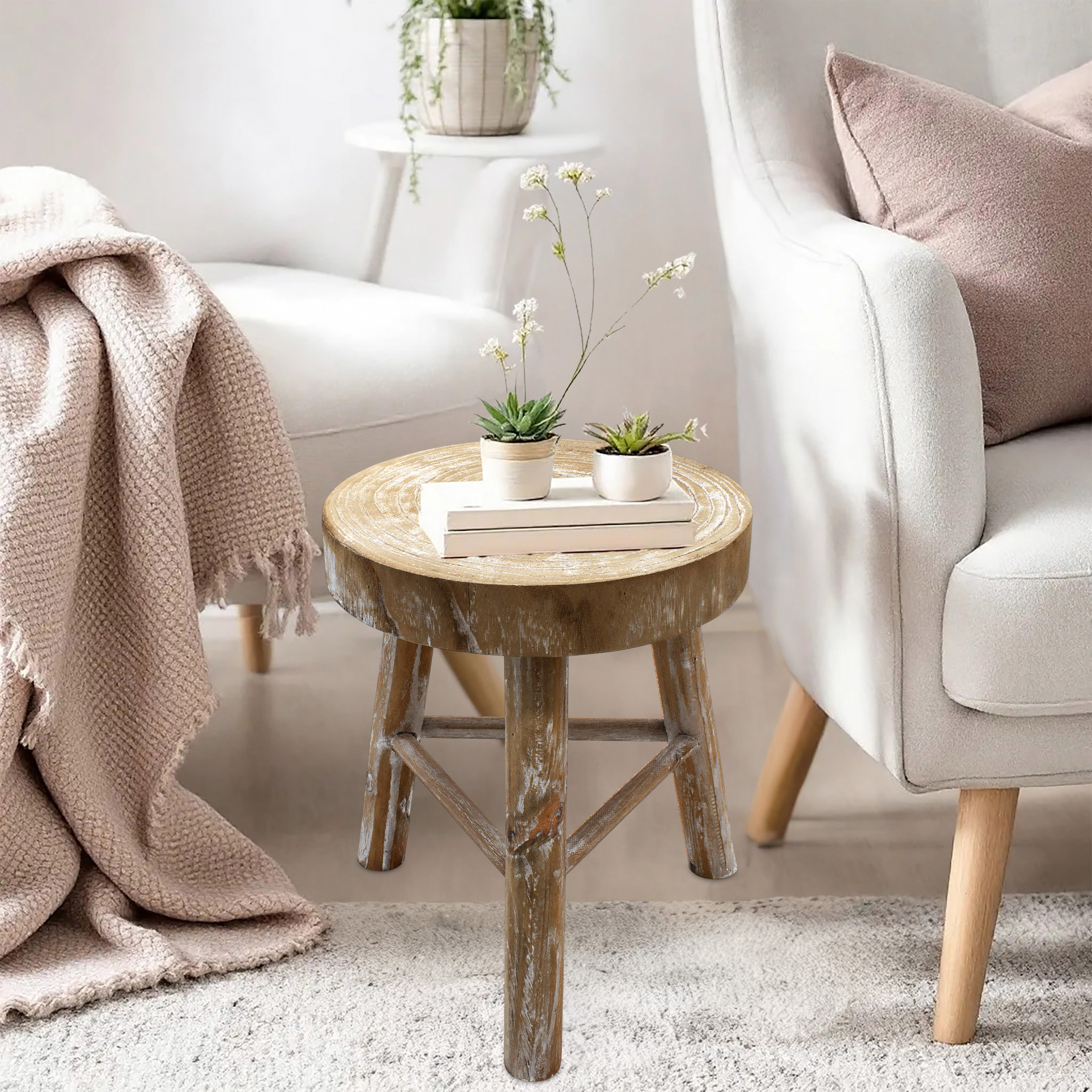 Holz Blumenhocker mit 3 Beinen white washed - Ø 35 cm - Massivholz Deko Hocker rund Shabby Chic