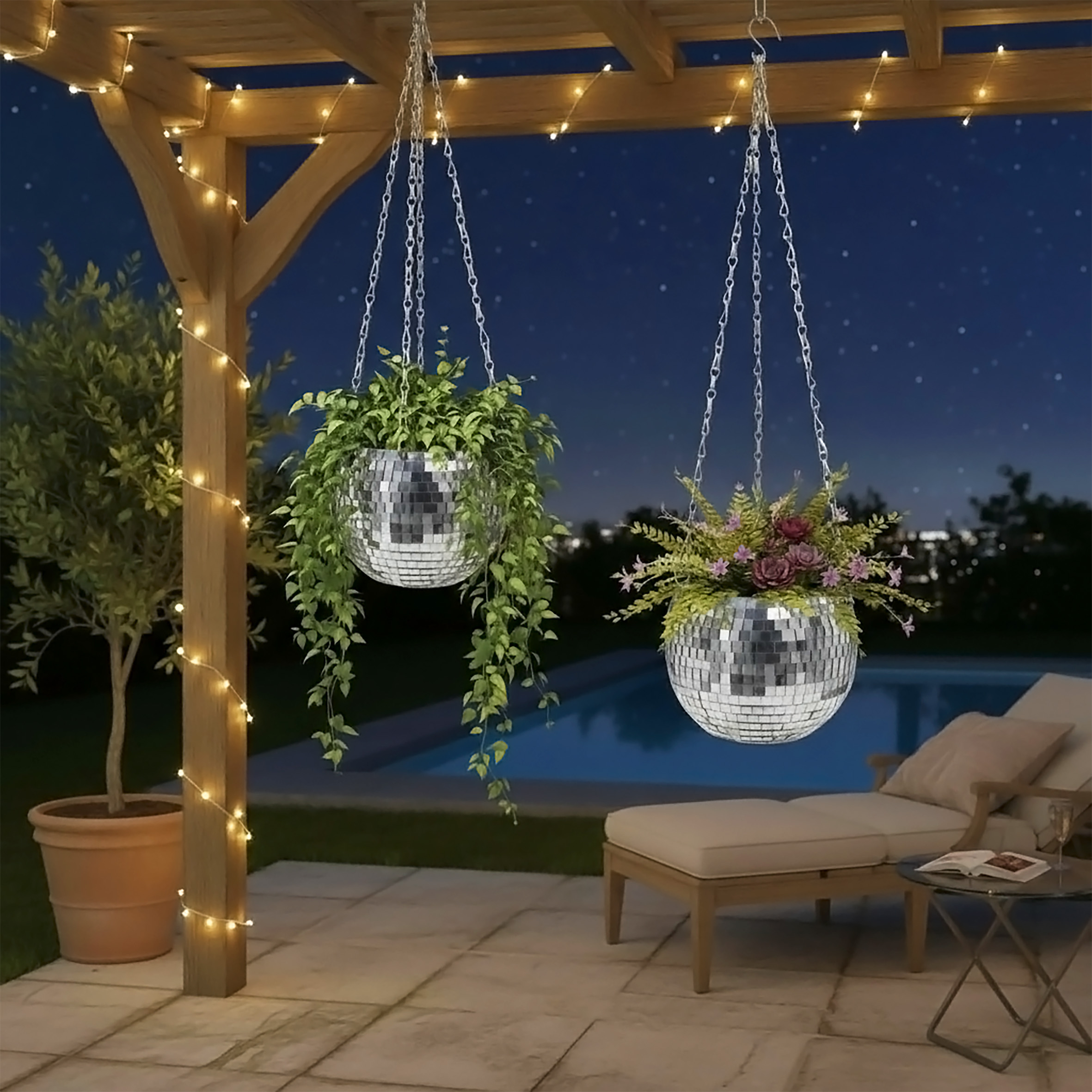 Hänge Pflanztopf im Discokugel Design 15 cm mit Metallkette - 2er Set - Blumenampel in Spiegelkugel Optik zum Aufhängen