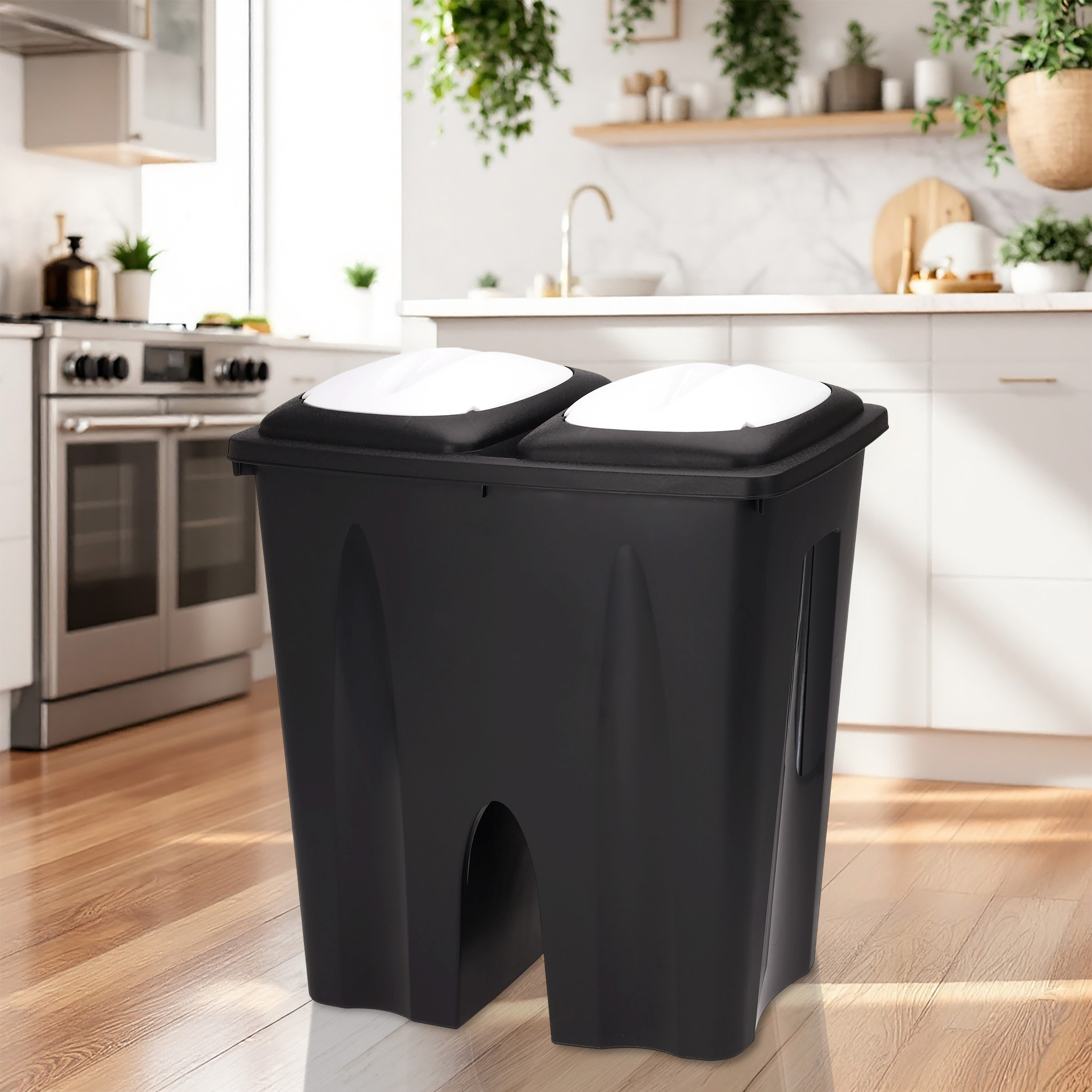Duo Mülleimer 50 Liter schwarz mit Push Deckel in weiß - 2x 25 L - Kunststoff Doppel Abfalleimer recycelbar mit Klappverschluss