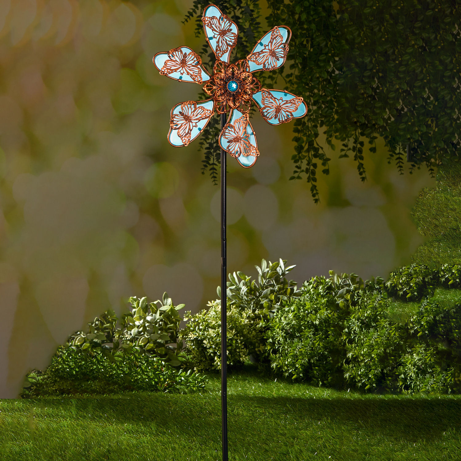 Metall Windblume selbstleuchtend - H 80 cm - Deko Gartenstecker Windrad phosphoreszierend