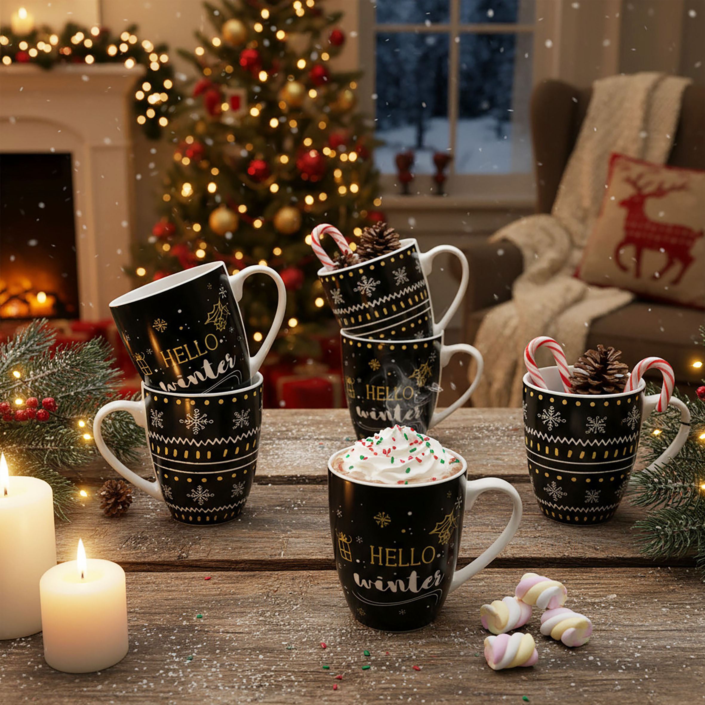 Feinkeramik Kaffeetasse 300 ml mit Wintermotiv - 6er Set - Porzellan Weihnachts Kaffeebecher mit Henkel
