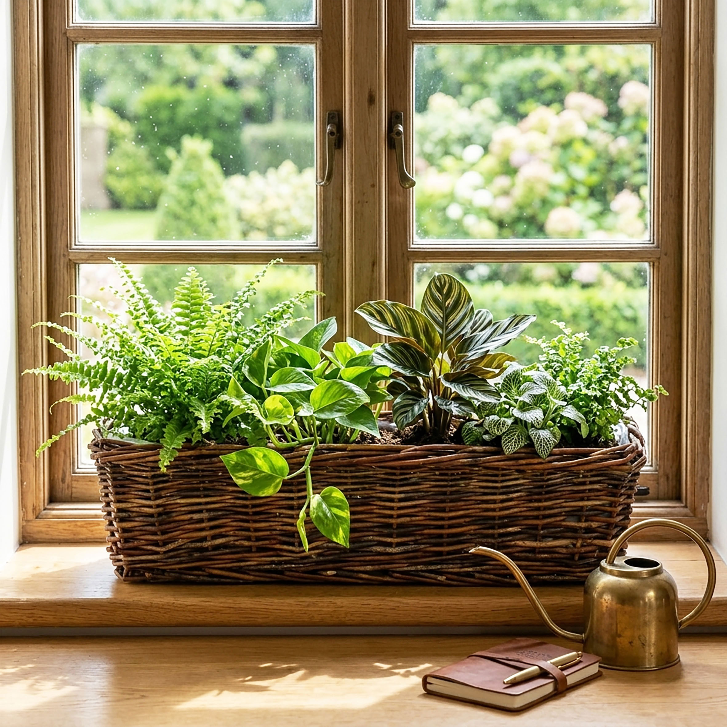 Rattan Balkonkasten eckig mit Folie natur dunkel - 60 x 19 cm - Rattan Blumenkasten mit Aufhängung für Geländer bis 3,5 cm