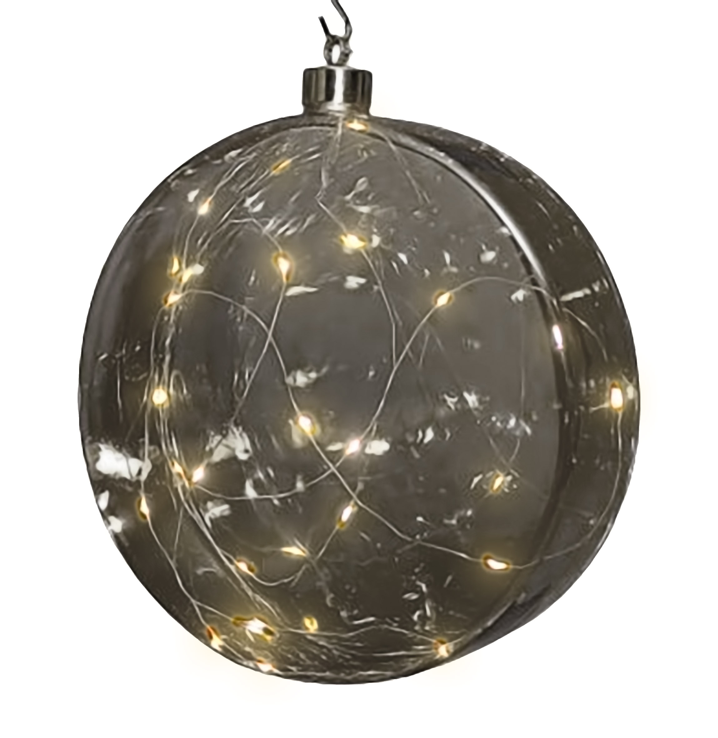 LED Glas Disc 12 cm warm weiß beleuchtet - transparent grau - Weihnachtsdeko Kugel Batterie betrieben mit Timer