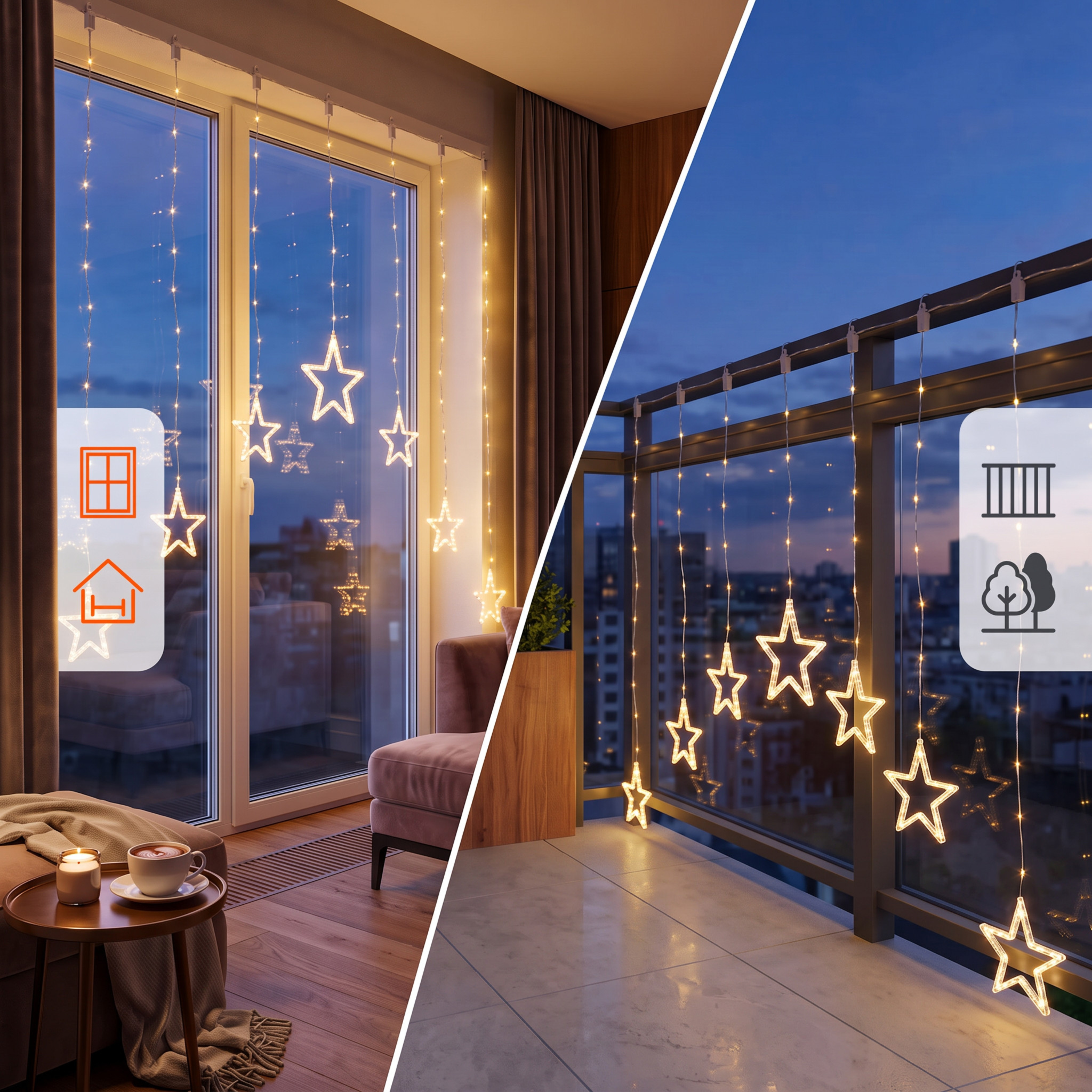 LED Sternen Lichtervorhang warm weiß mit Timer - 120 cm - Deko Lichterkette mit 136 LED für Innen und Außen