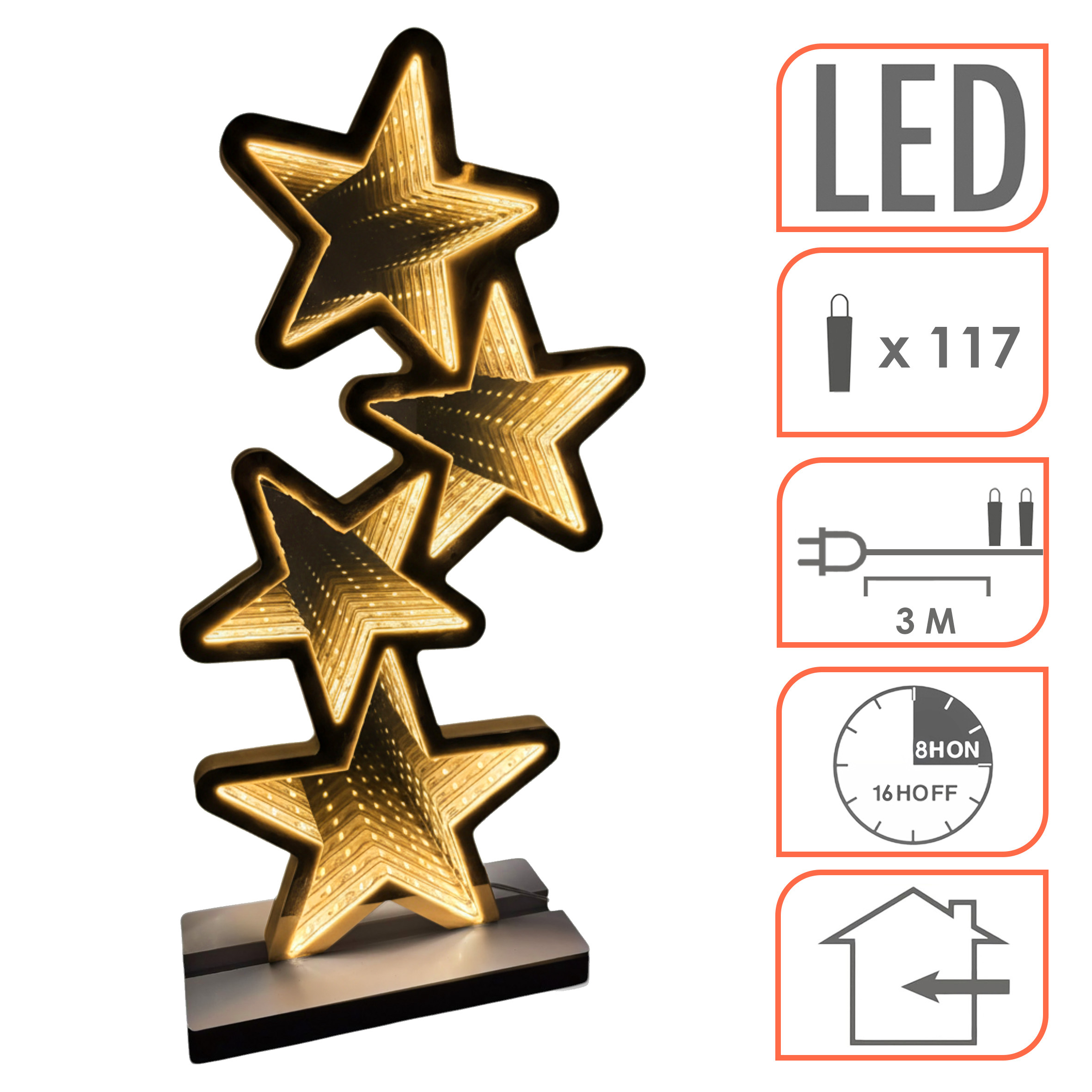 Deko Tischleuchte Sterne 41 cm mit Infinity Effekt Beleuchtung - 117 LED - 3D Weihnachts Dekofigur beidseitig beleuchtet