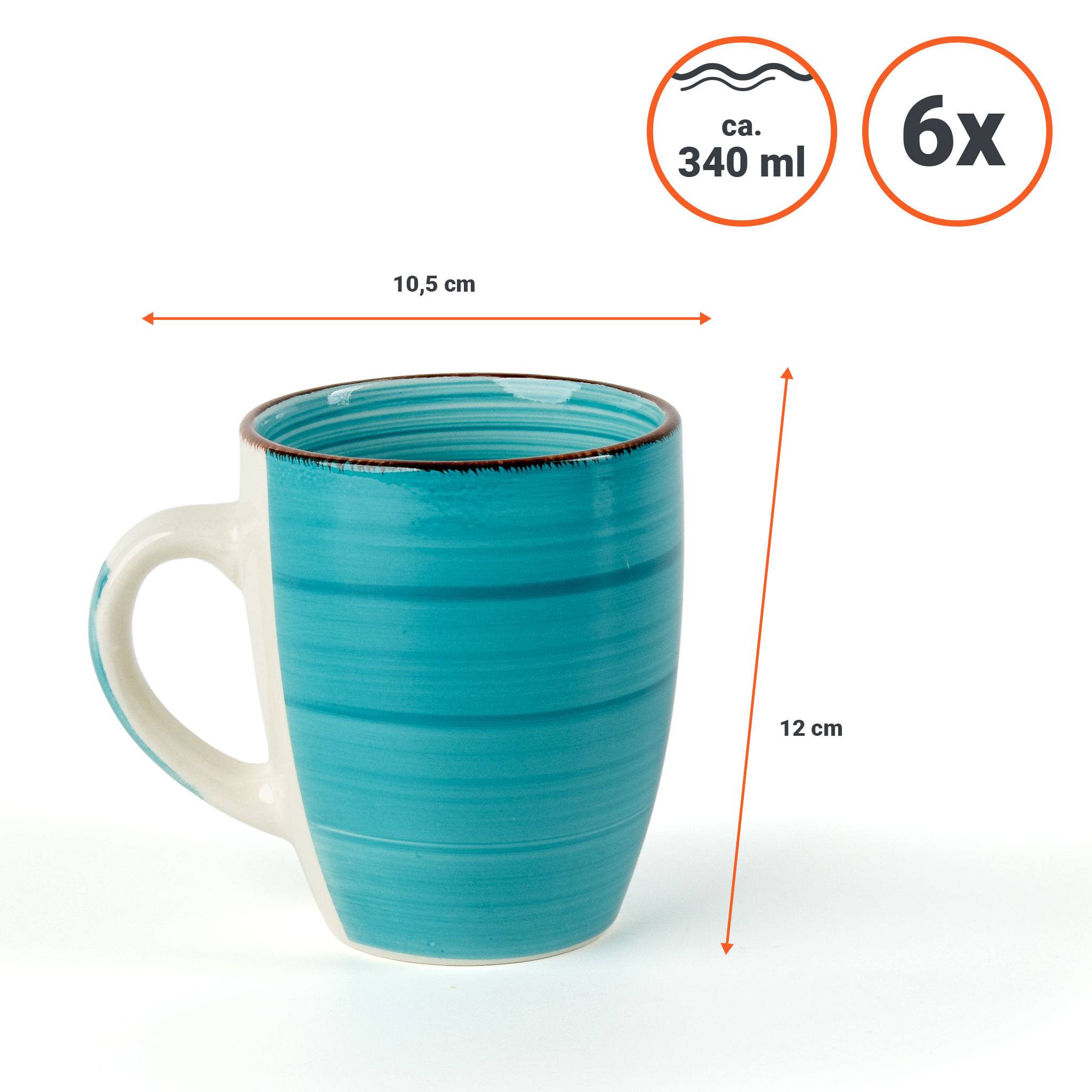 Porzellan Kaffeebecher 6er Set - braun oder bunt - Kaffee und Tee Tassen für ca. 340 ml