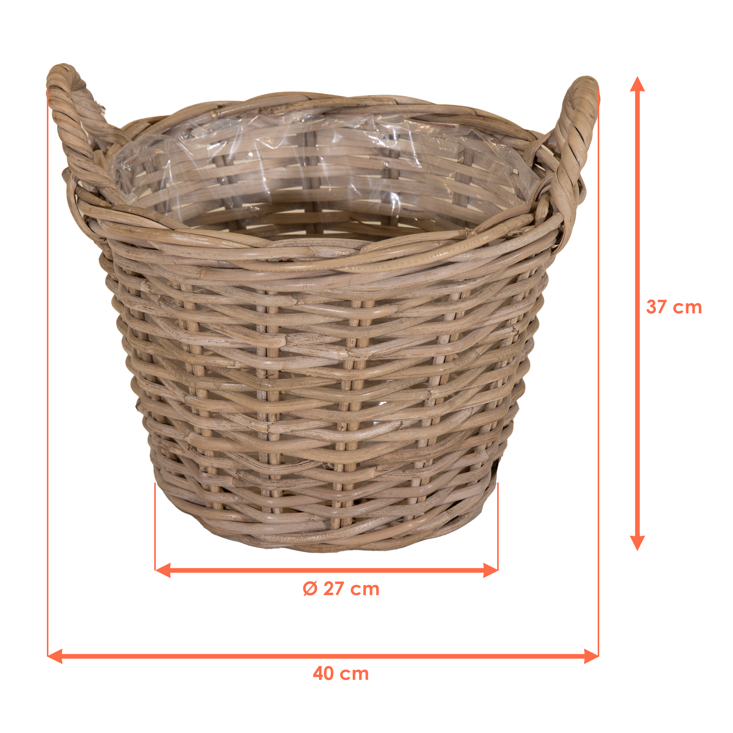 Weide Pflanzkorb natur mit Folie - 40 cm - Holz Blumenkorb mit Henkel