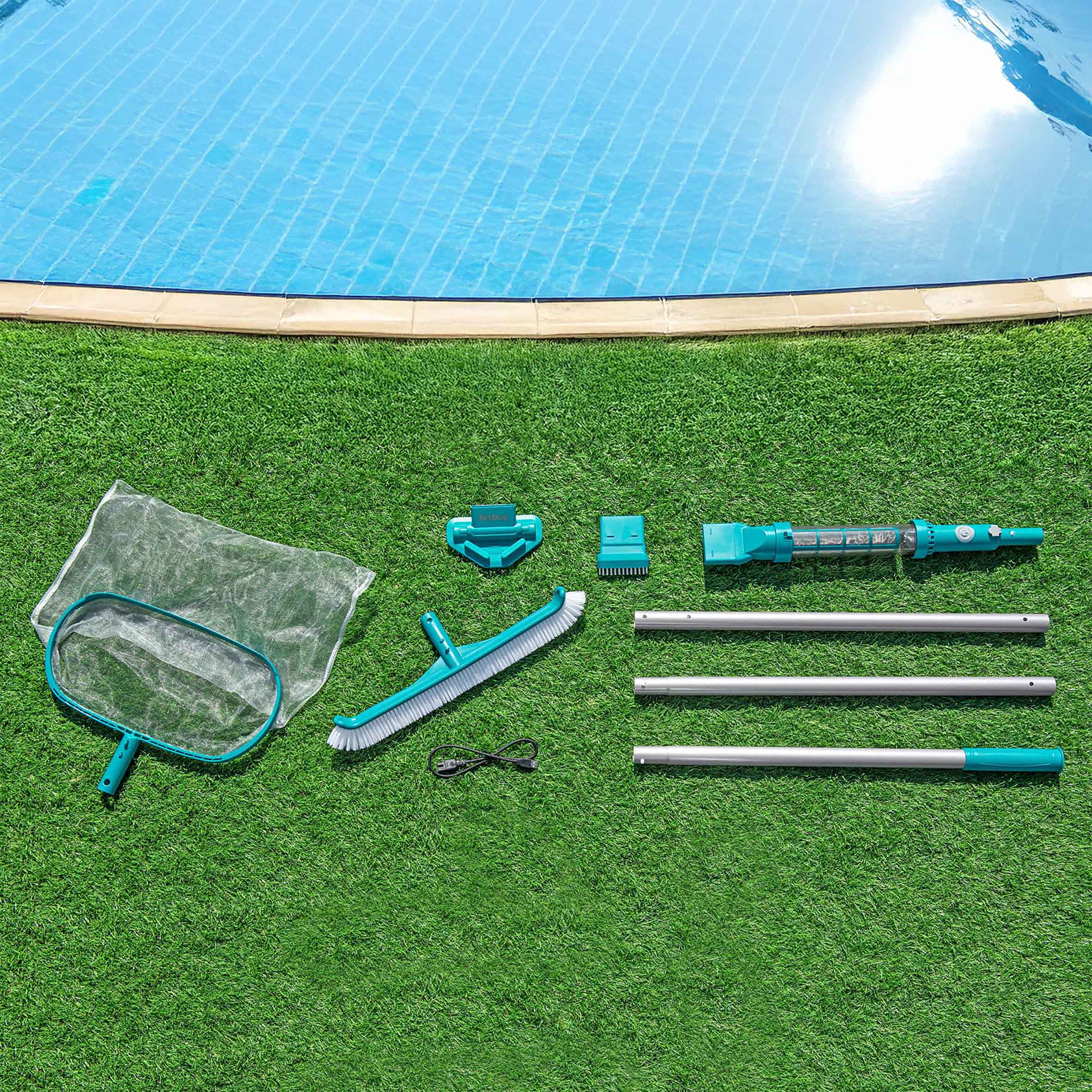 Bestway Poolpflege Set mit Akku Poolsauger für Pools bis 610 cm - 7 Teile - Pool Reinigungsset inklusive Kescher und Bürste