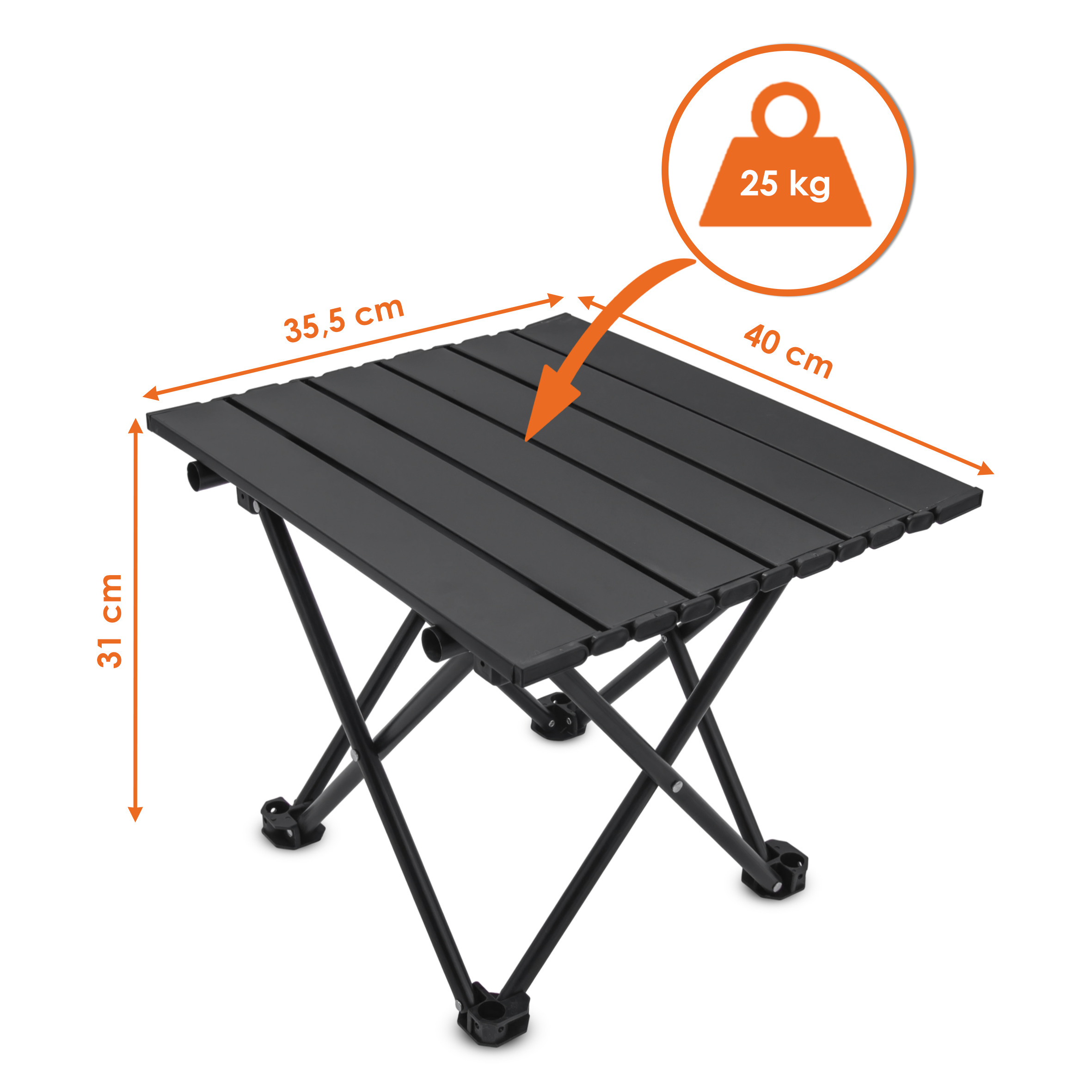 Camping Klapptisch schwarz mit Tragetasche - 40 x 35 cm - Universal Gartentisch mit einrollbarer Tischplatte