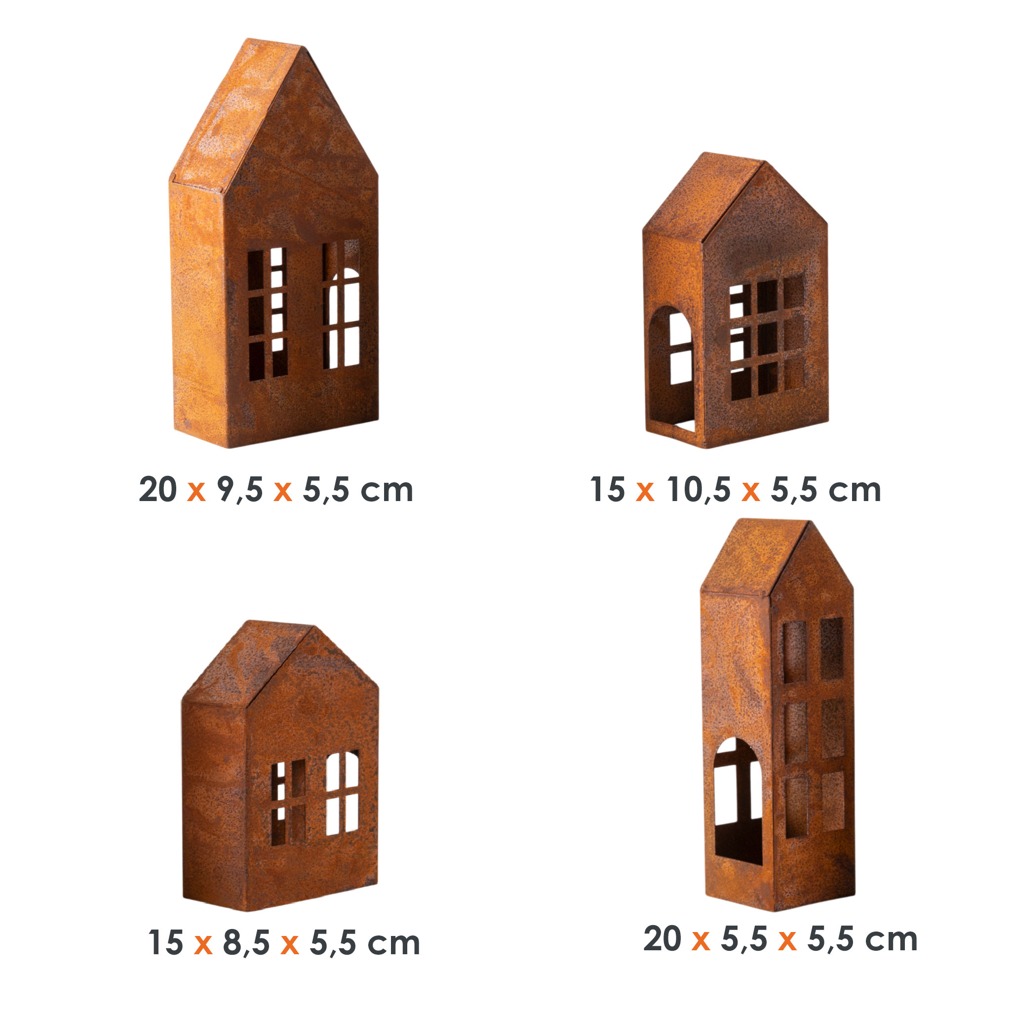 Metall Haus rotbraun mit Edelrost 4er Set - 2x 15 cm | 2x 20 cm - Weihnachtsdorf Teelichthalter mit Rost Patina