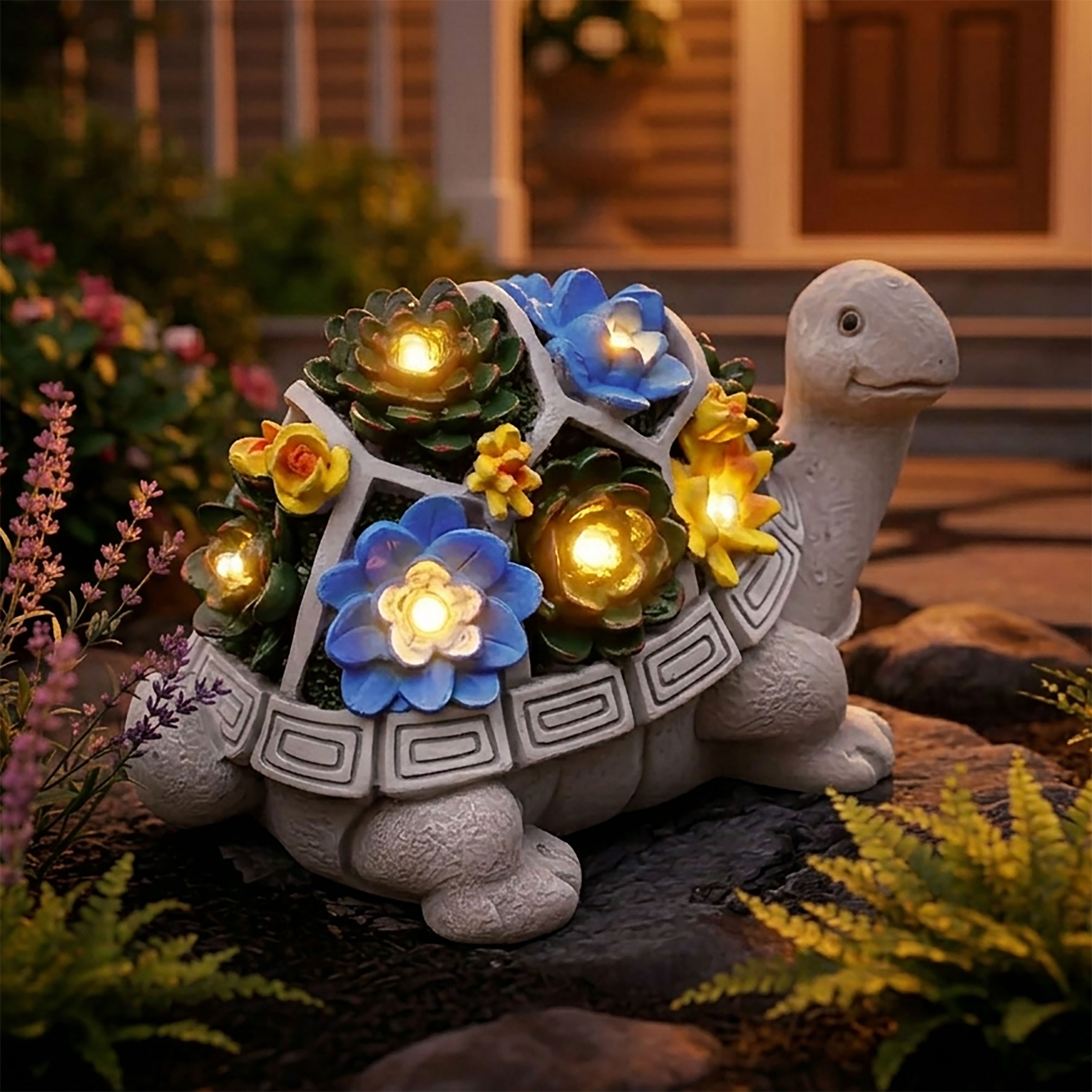 Solar Gartenfigur Schildkröte mit leuchtenden Blumen - 26 x 17 cm