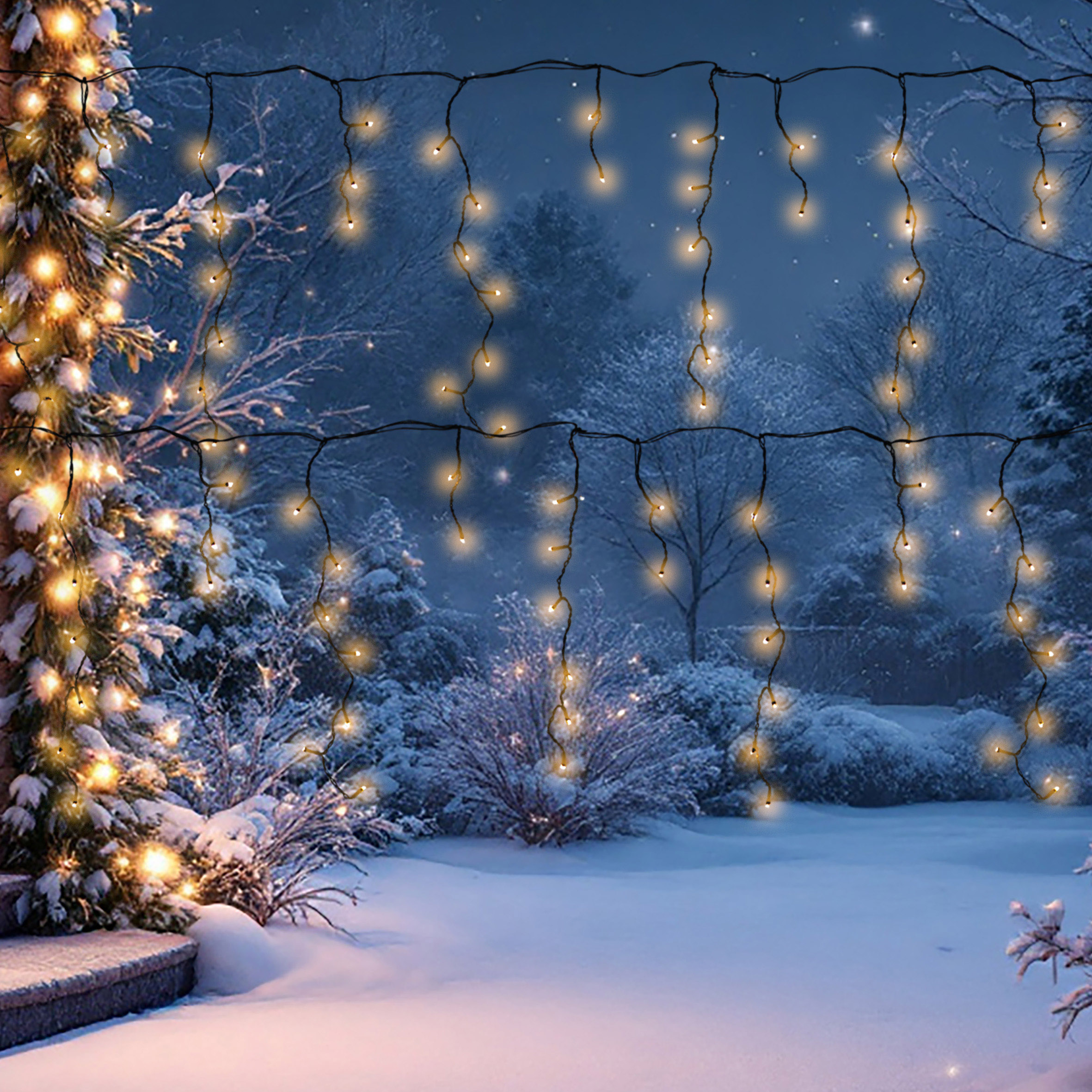 Eisregen Lichtervorhang warm weiß für Außen mit Stecker - 90 LED / 3 m - Eiszapfen Lichterkette mit 20 Lichtfäden