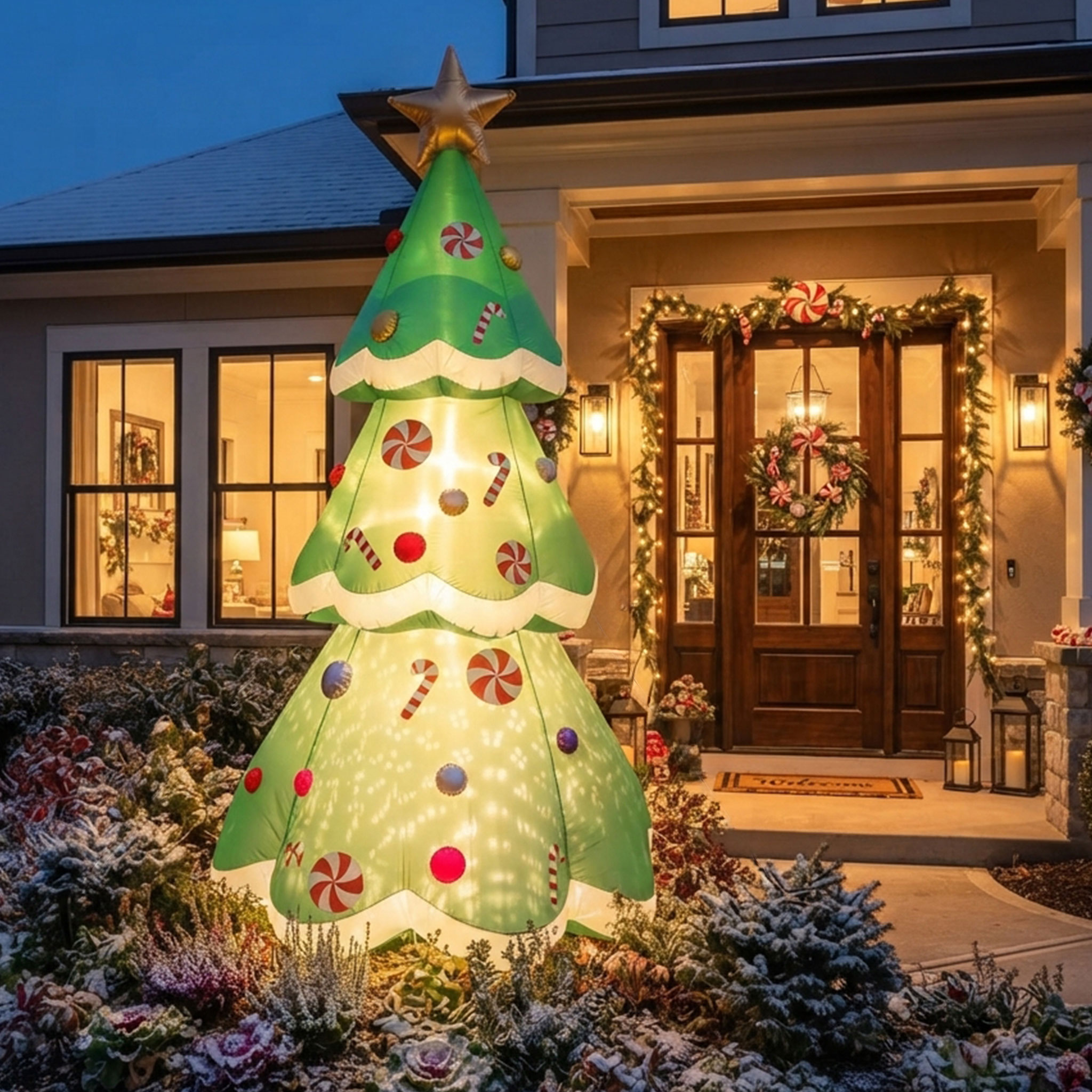 Aufblasbarer XL Weihnachtsbaum mit LED Beleuchtung - 240 x 110 cm - Riesen Tannenbaum selbstaufblasend mit bunten LEDs für Außen und Innen