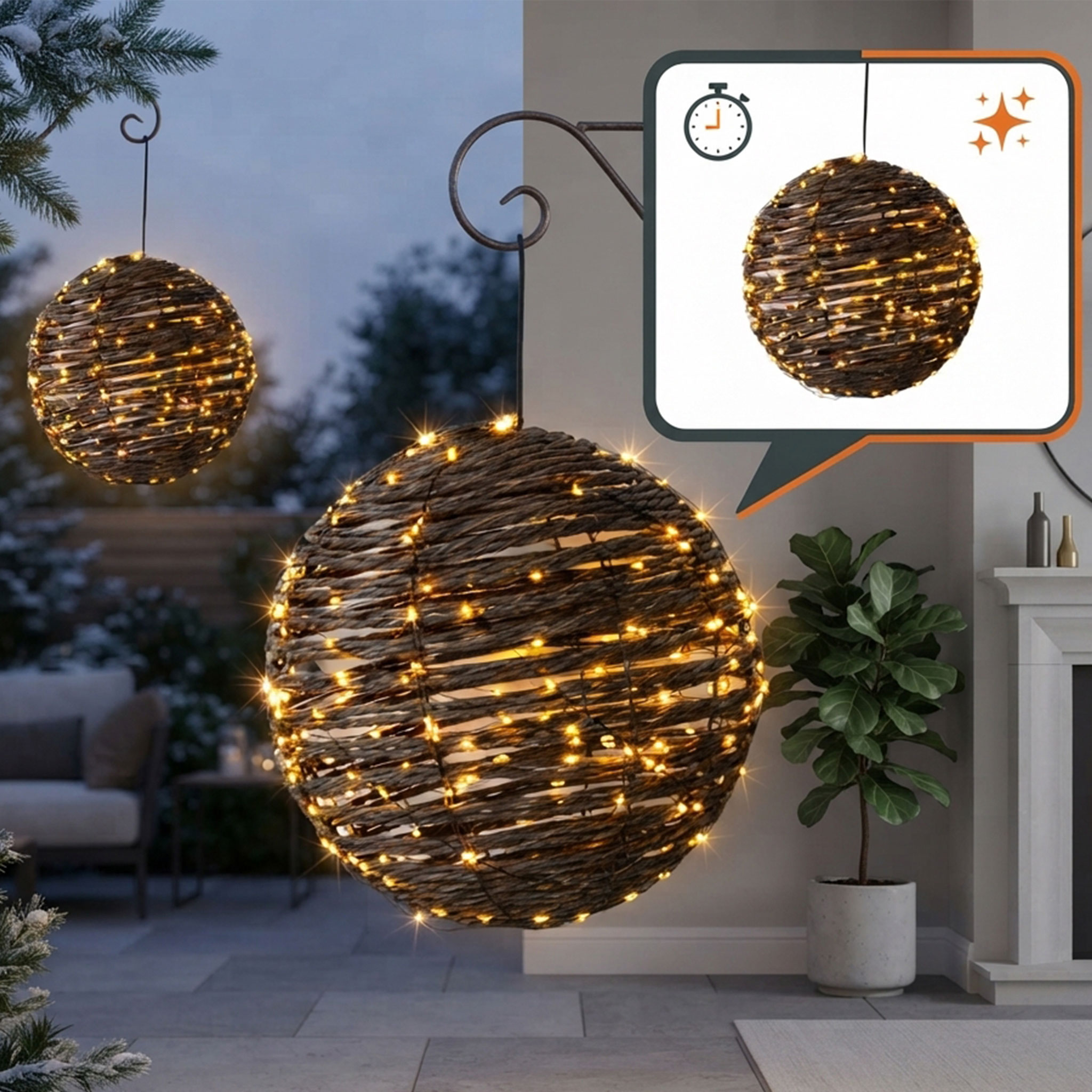 LED Rattan Leuchtball für Außen mit Timer und Twinkle-Effekt - 25 cm - Leuchtkugel mit 300 flashing LEDs in extra warm weiß