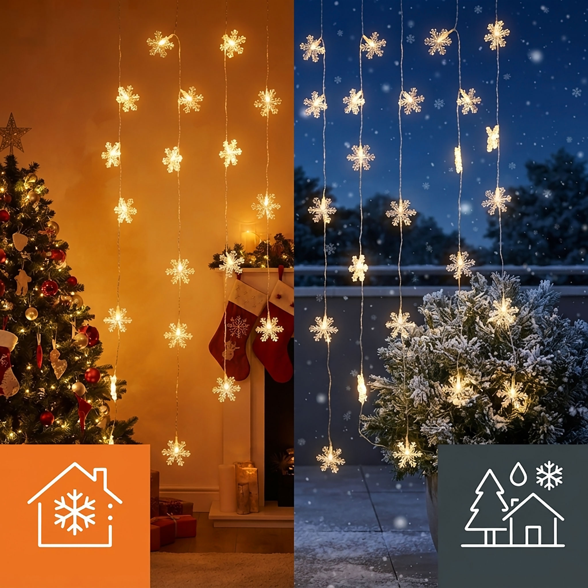 Schneeflocke Lichtervorhang - 40 LED / 100 cm - Weihnachten Fenster Deko mit Timer