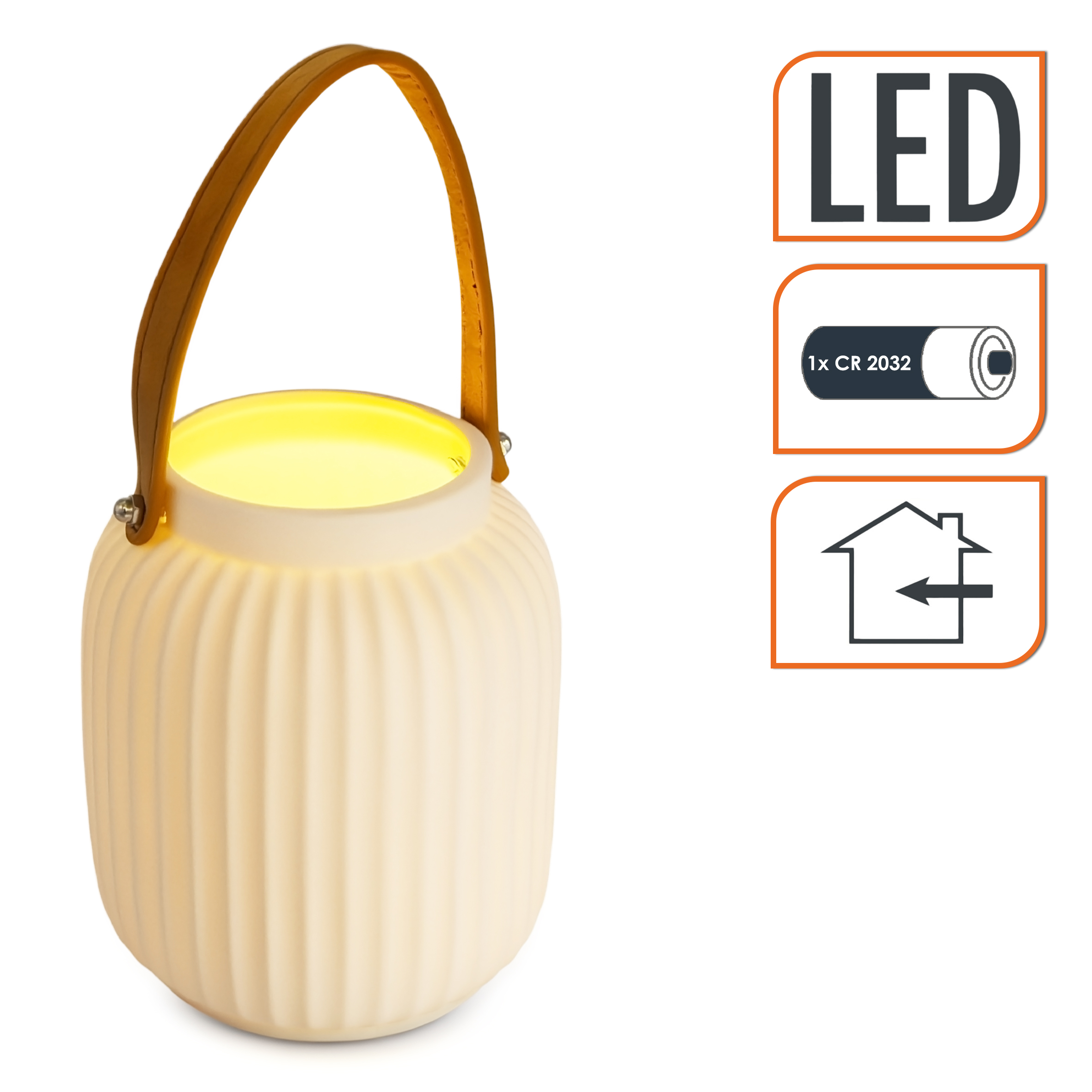 LED Keramik Laterne matt weiß mit Henkel in Leder Optik - 16 cm x 13 cm - Porzellan Windlicht warm weiß beleuchtet batteriebetrieben