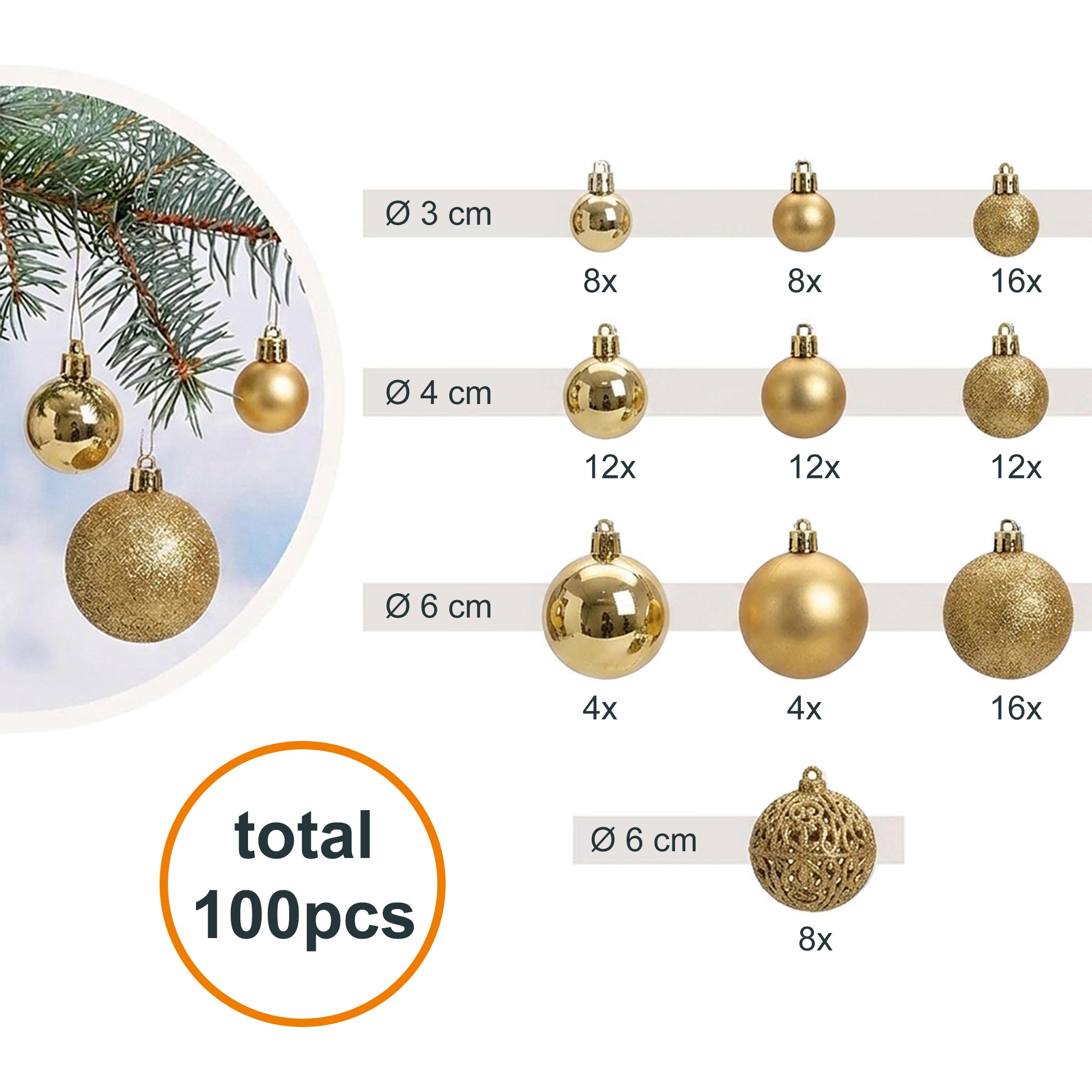 Kunststoff Christbaumkugel Set bruchsicher - gold - Design Weihnachtskugeln inklusive Metall Haken