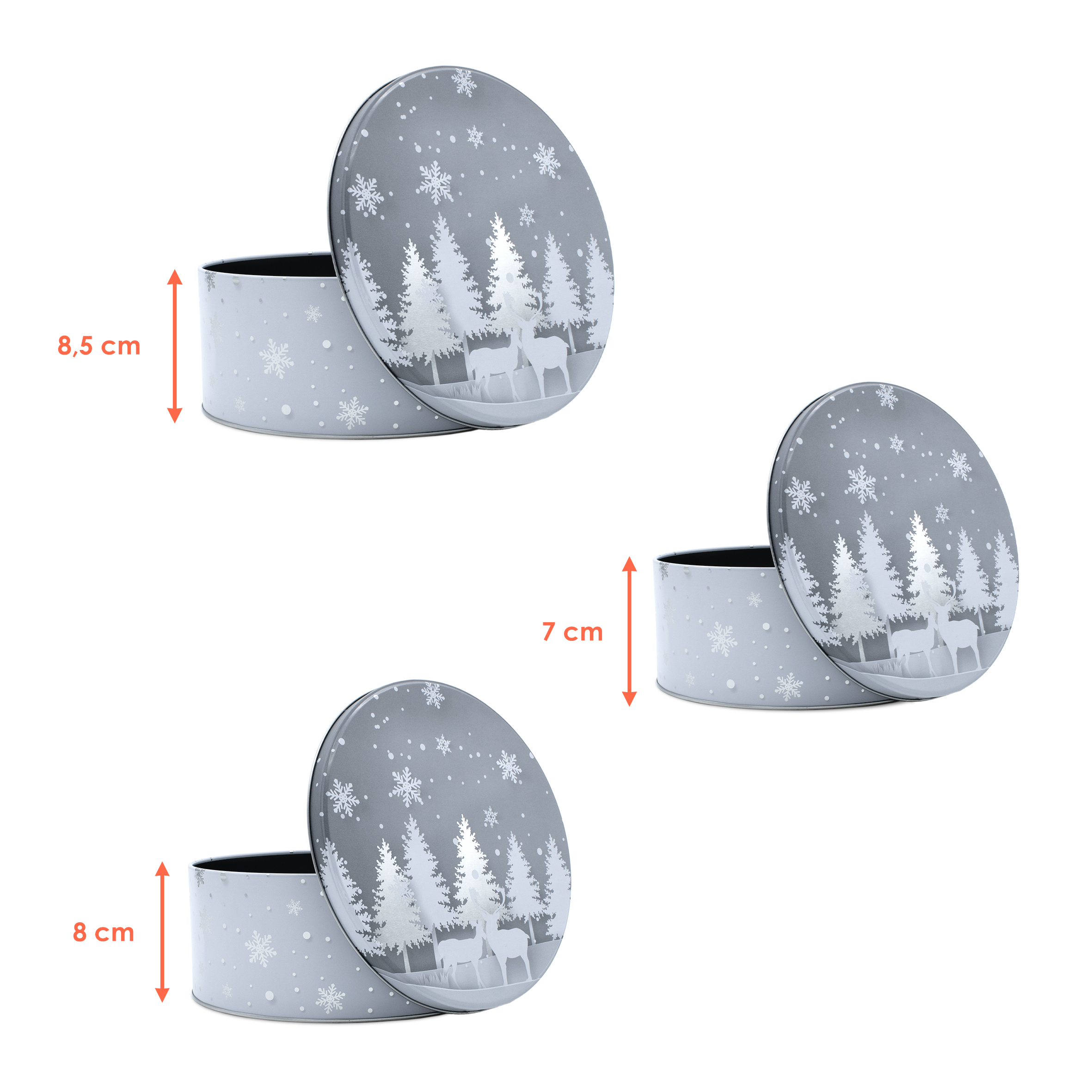 Metall Gebäckdose 3er Set 19 / 16 / 13 cm grau - WINTER - Runde Keksdosen mit weihnachtlichem Motiv