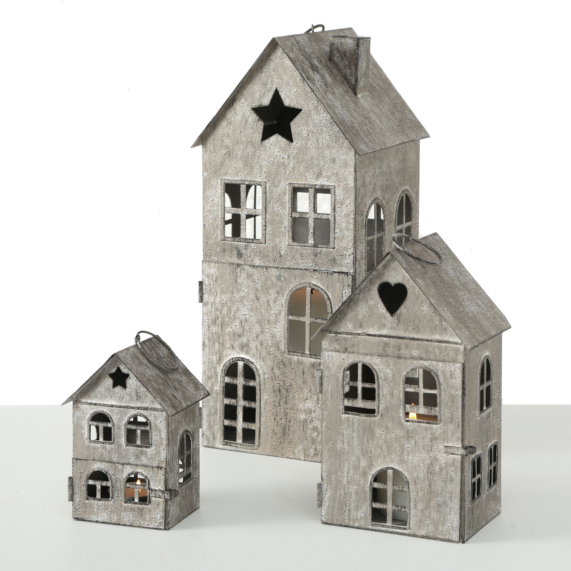 Laterne 3er Set aus Metall - 35-14 cm - Deko Windlicht Haus Kerzenhalter Außen