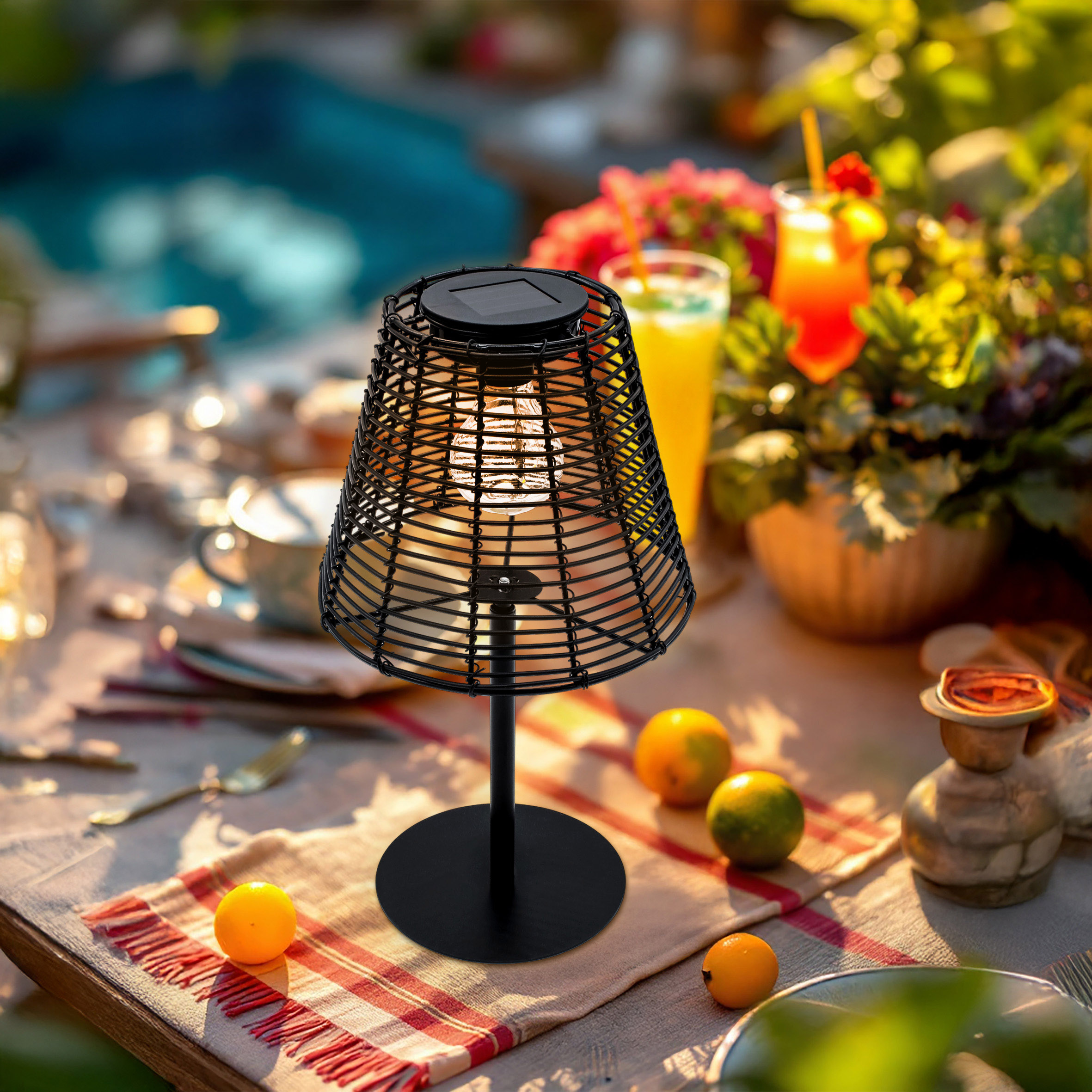 Solar Tischleuchte in Rattan Optik schwarz mit LED Glühbirne - 33 x 20 cm - Gartenlampe warm weiß beleuchtet