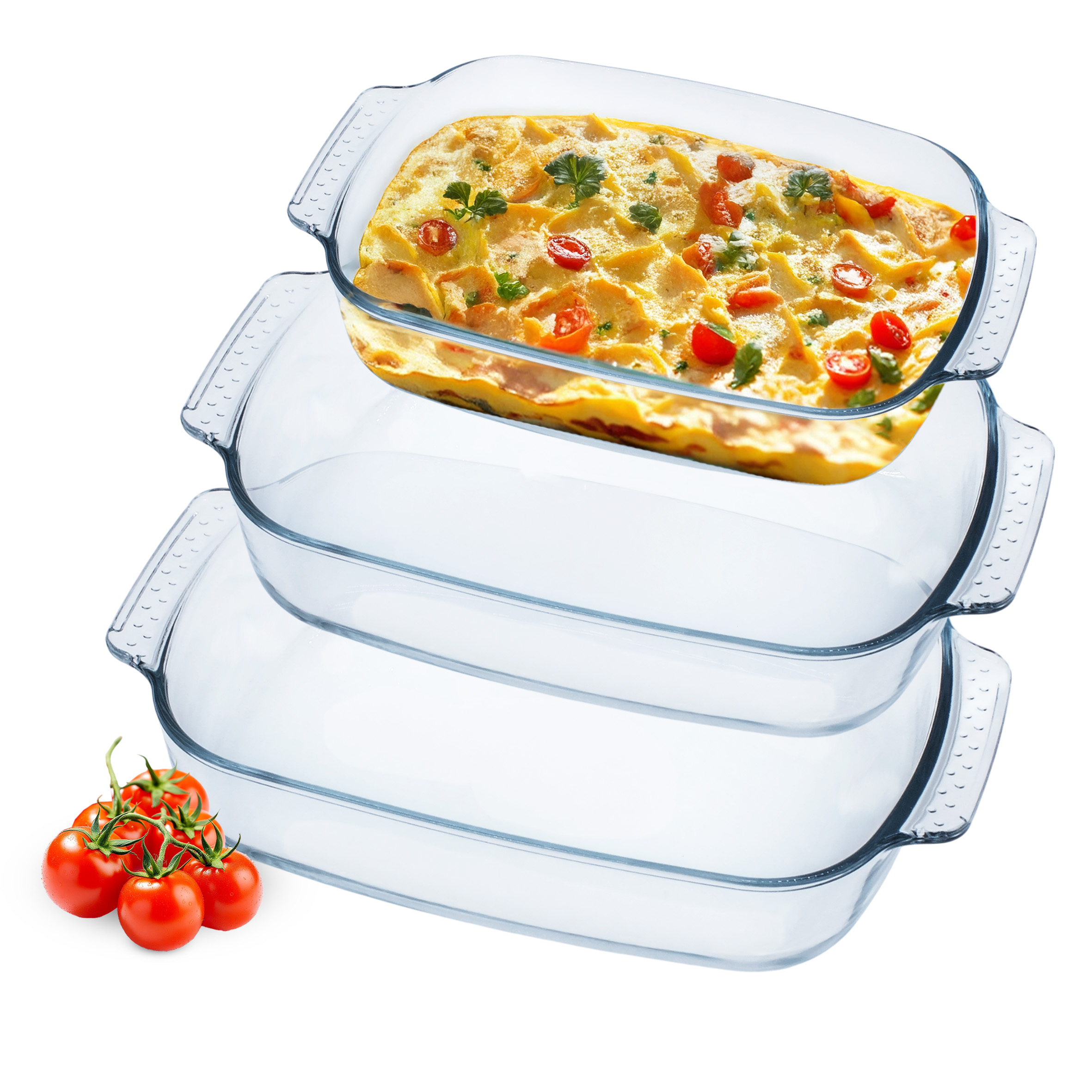 Glas Auflaufform 3er Set hitzebeständig bis 230°C - 2 L / 2,7 L / 3,8 L