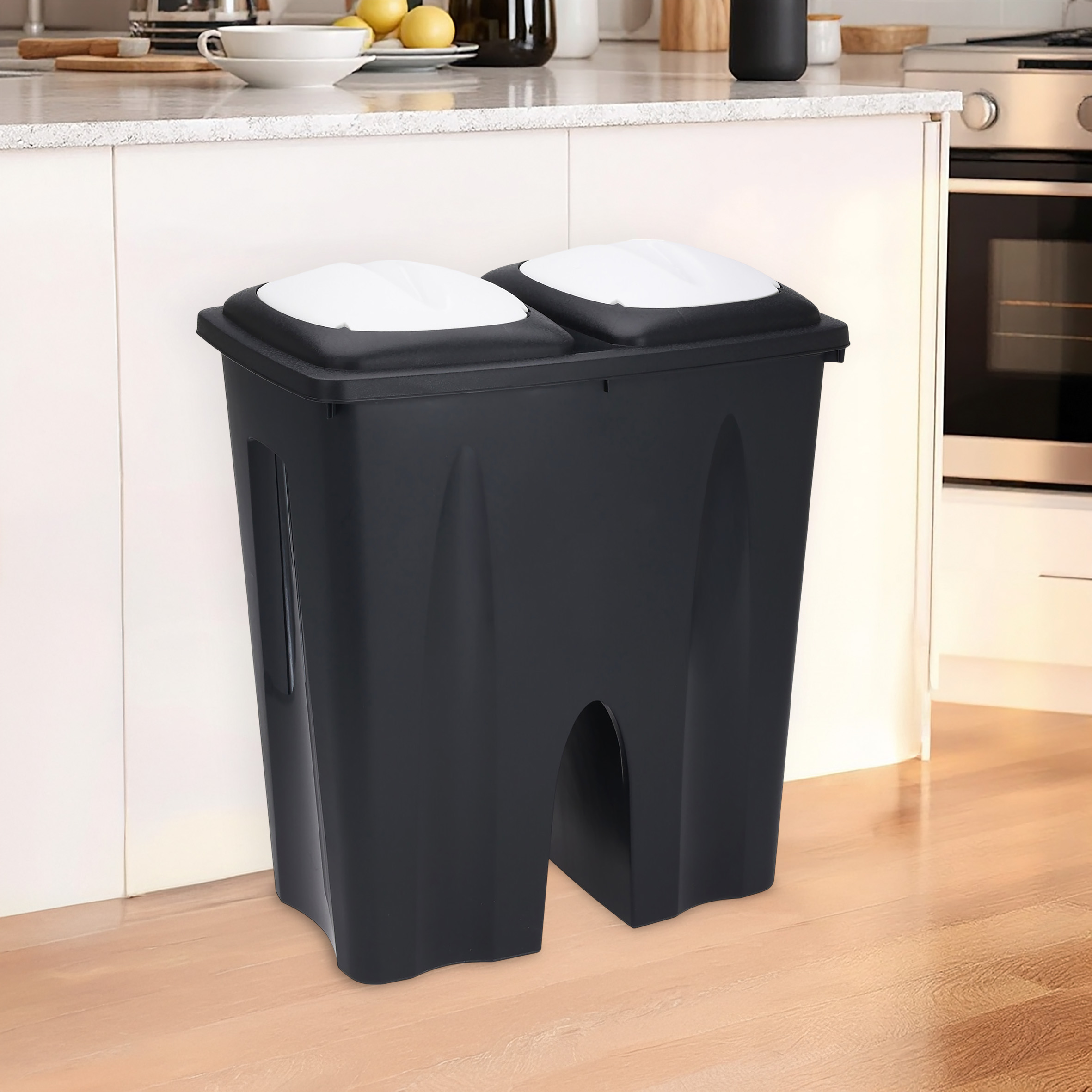 Duo Mülleimer 50 Liter schwarz mit Push Deckel in weiß - 2x 25 L - Kunststoff Doppel Abfalleimer recycelbar mit Klappverschluss