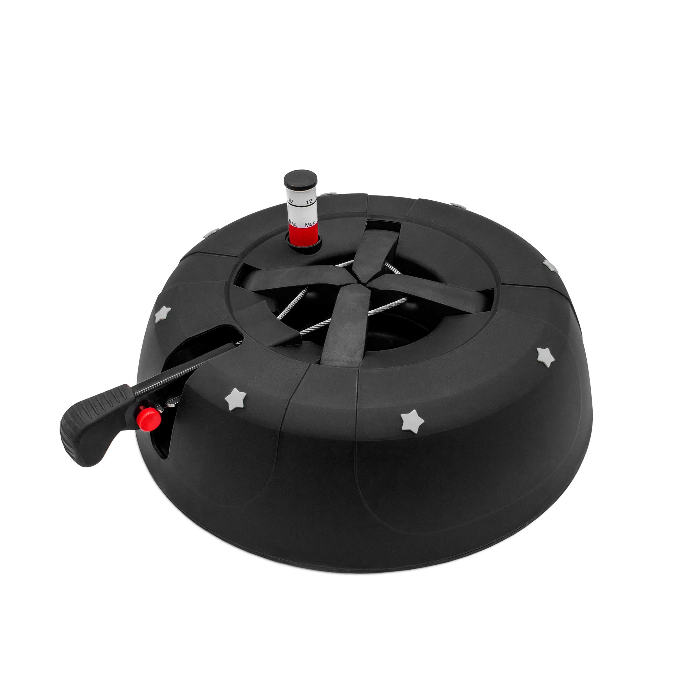 Christbaum Ständer schwarz mit Einseiltechnik und Fußhebel - 32 cm - Weihnachtsbaumständer mit Wassertank für Bäume bis 2 m