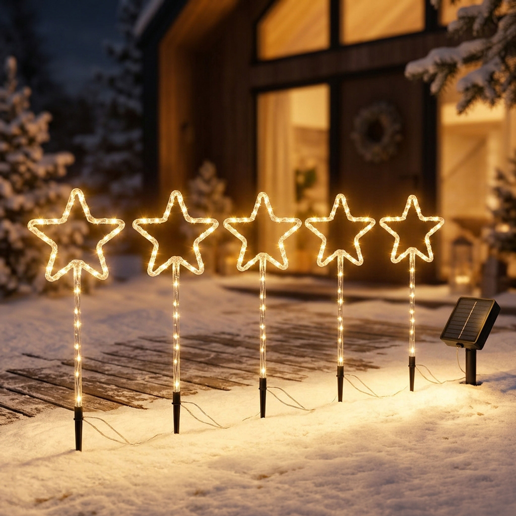 LED Solar Gartenstecker Stern mit 125 LEDs und 8 Funktionen - 5er Set - Weihnachts Deko Beleuchtung warm weiß für Außen