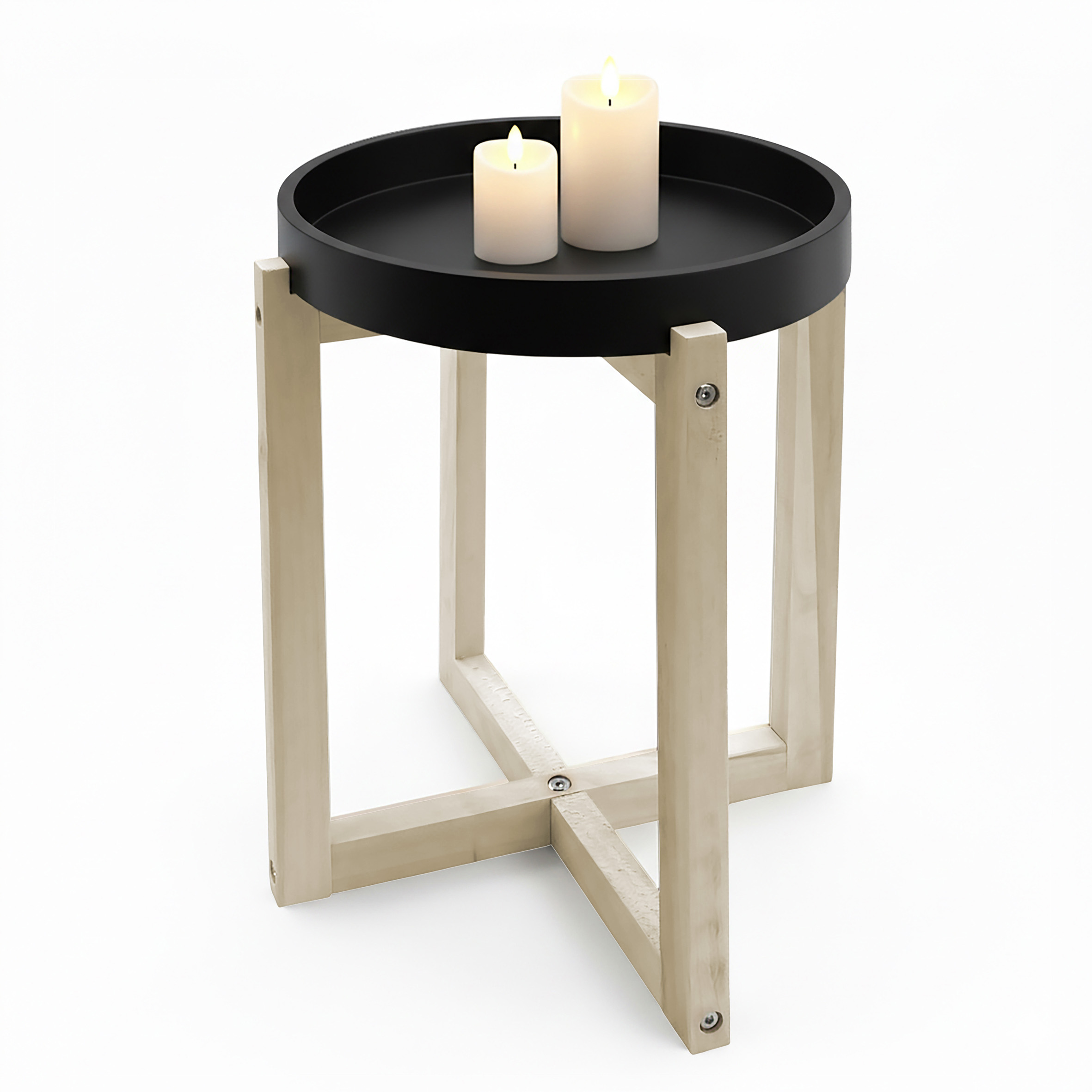 Holz Beistelltisch rund mit Tischplatte im Tablett Design 30 cm - schwarz - Deko Blumentisch mit naturbelassenem X-Gestell