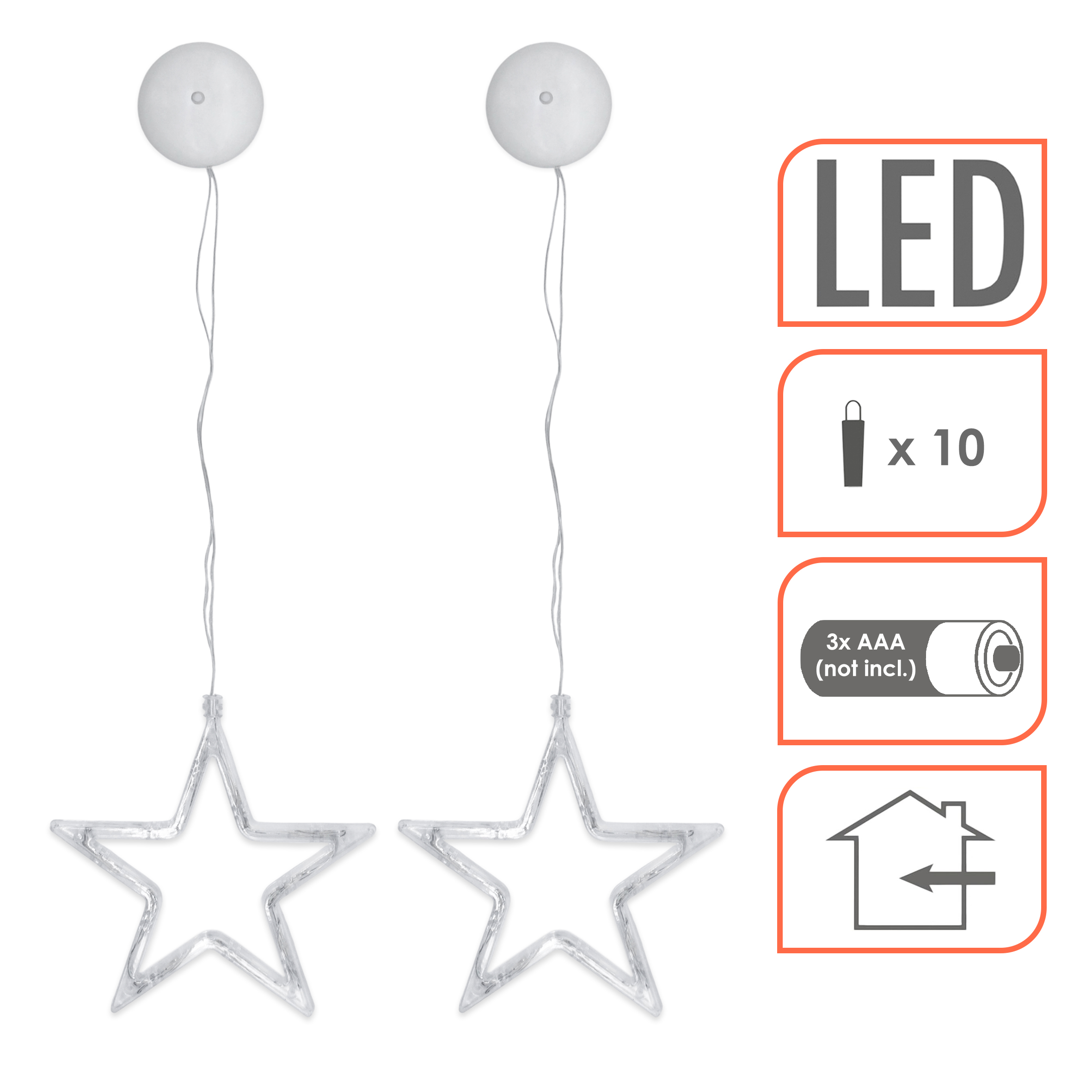 LED Leuchtstern transparent mit Saugnapf zum Hängen - 2er Set - Stern Silhouette warm weiß beleuchtet batteriebetrieben
