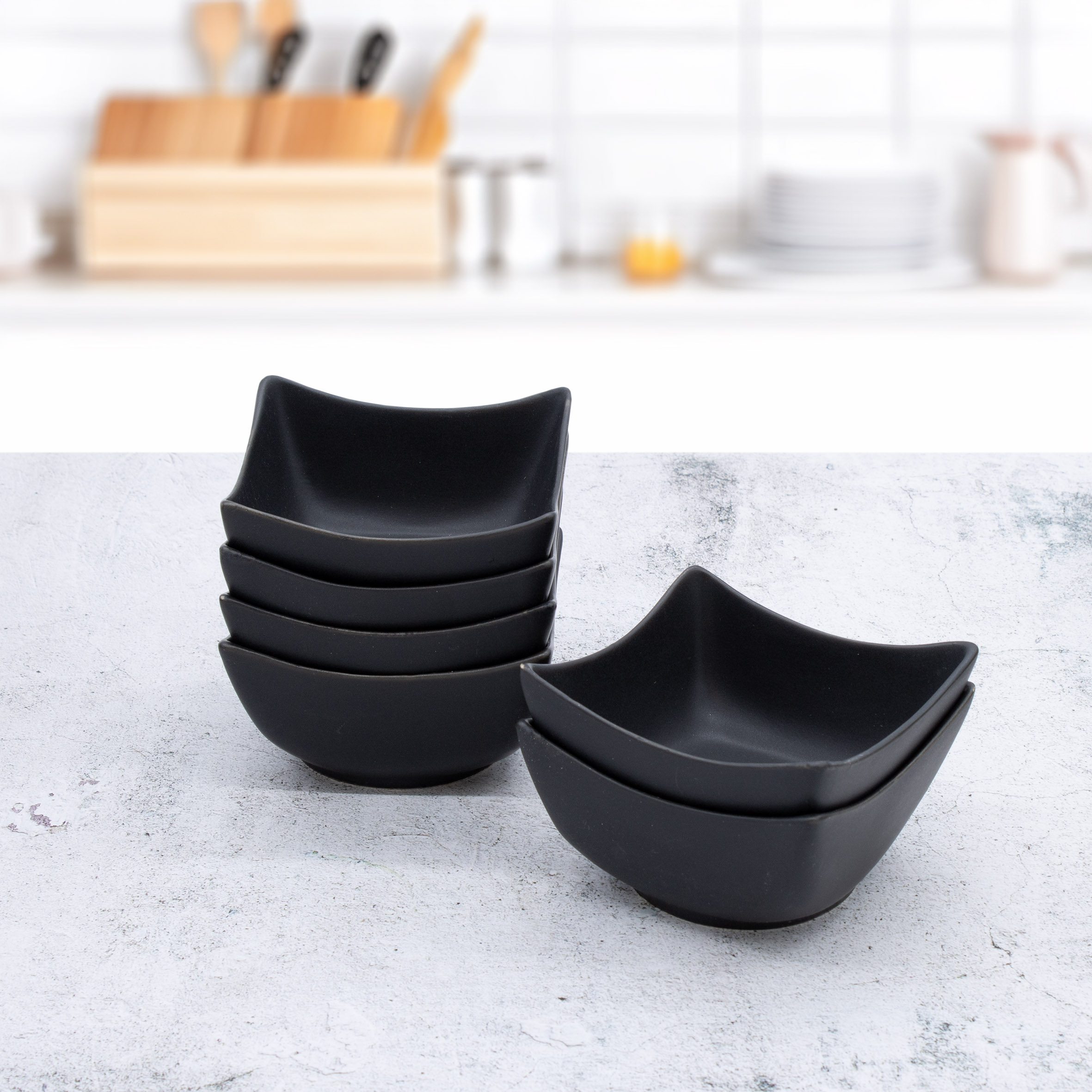 Keramik Dip Schale eckig schwarz matt - 6er Set - Snack Saucen Schüssel