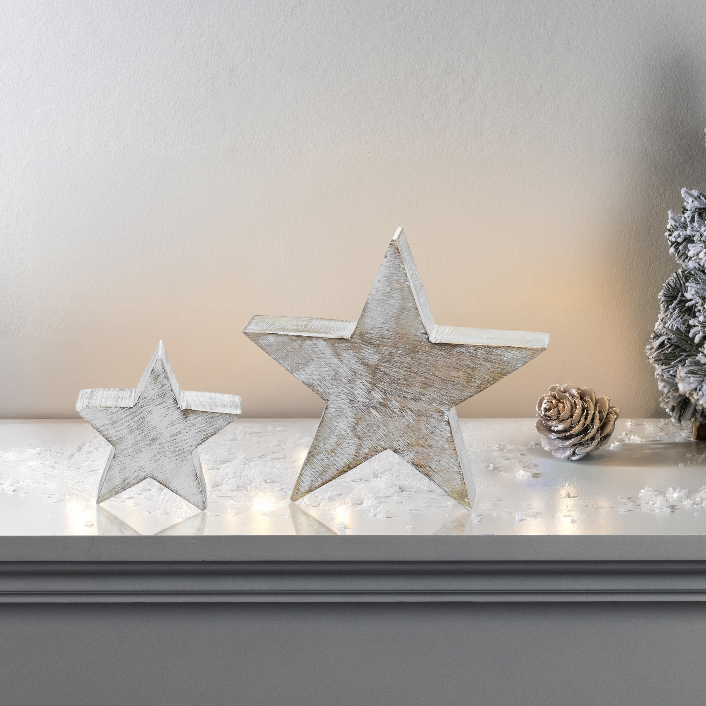 Deko Holz Stern white washed 2er Set - 20 / 11 cm - Deko Aufsteller Weihnachtstern