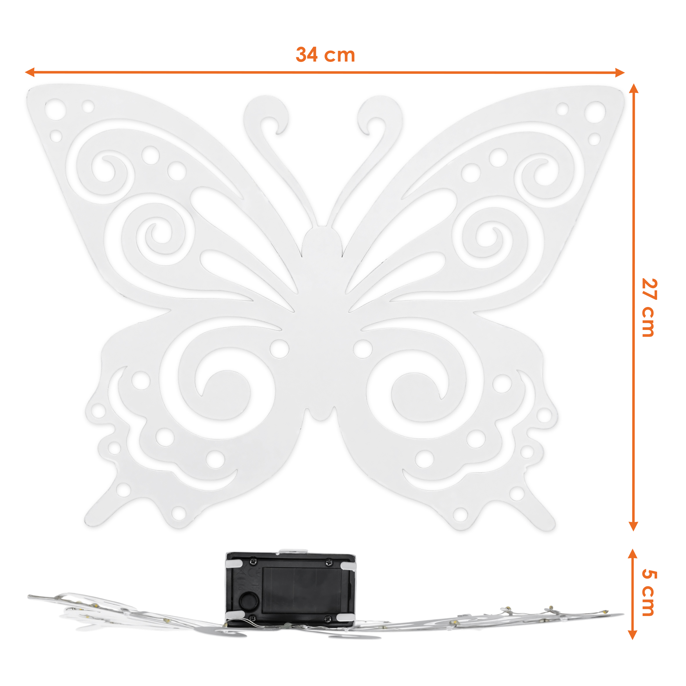 Solar Wandbild Schmetterling weiß mit 30 LED - 34 x 27 cm - Metall Wanddeko für Außen warm weiß beleuchtet